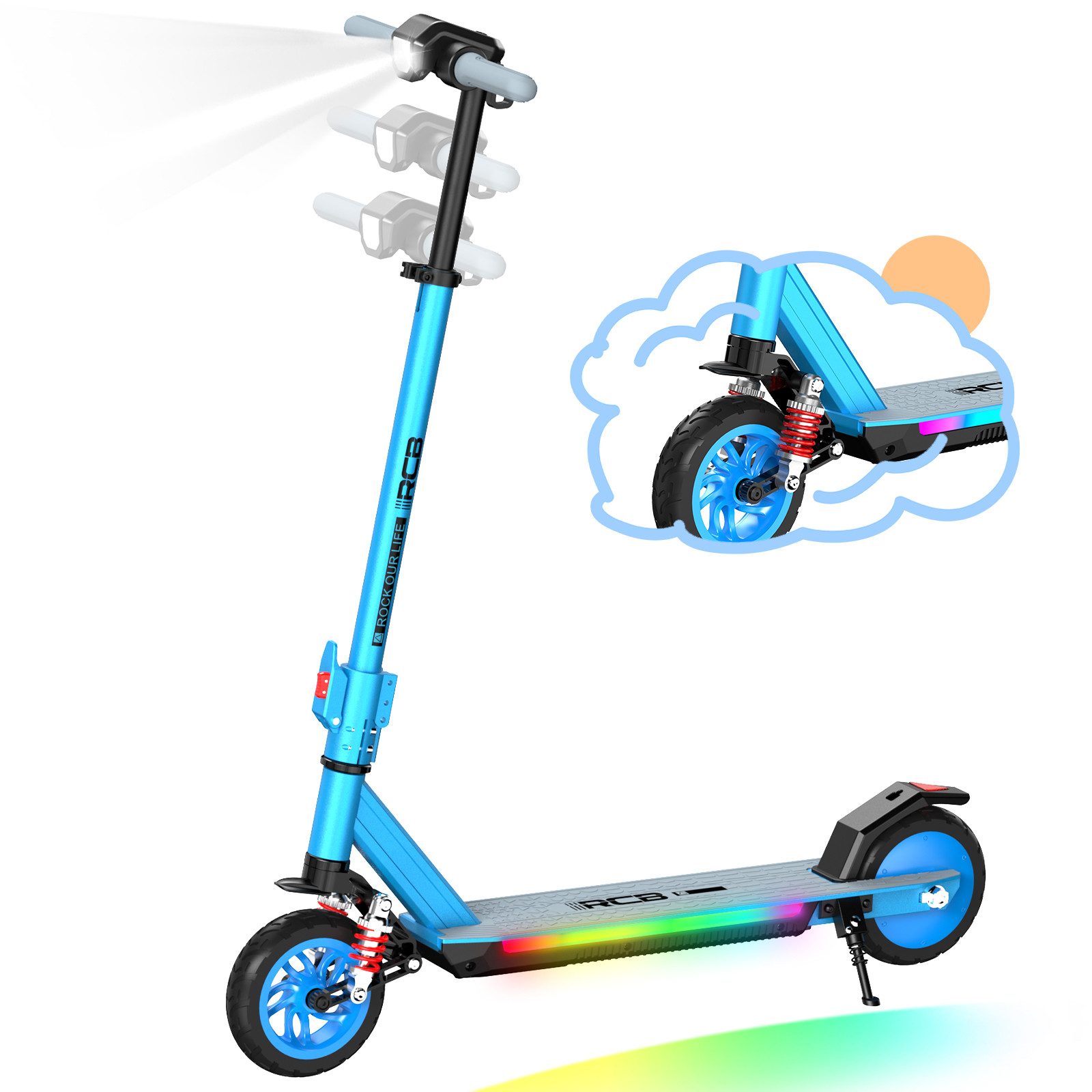 RCB TECH Elektro-Kinderroller R12 MAX,Vorderradfederung,7''Vollgummireifen,höhenverstellbar 96-110cm, Belastbarkeit 60 kg, Schwingarm-Federung,Faltmechanismus mit zwei Sicherheitsverriegelungen