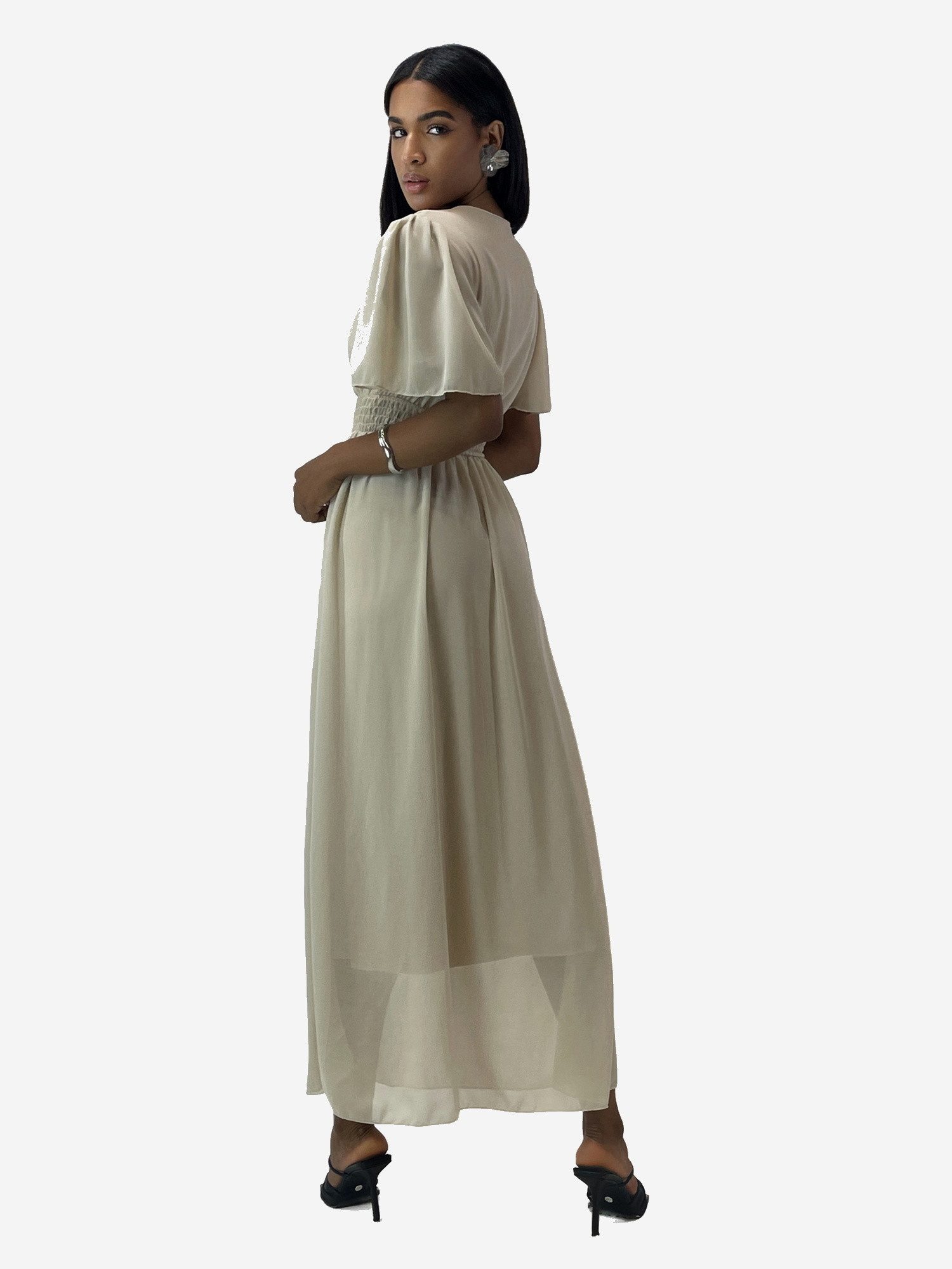 Elara Maxikleid — Damen Sommerkleid mit Wickeloptik, Smoktaille & Flügelärmeln (1-tlg) – Bild 3 von 5