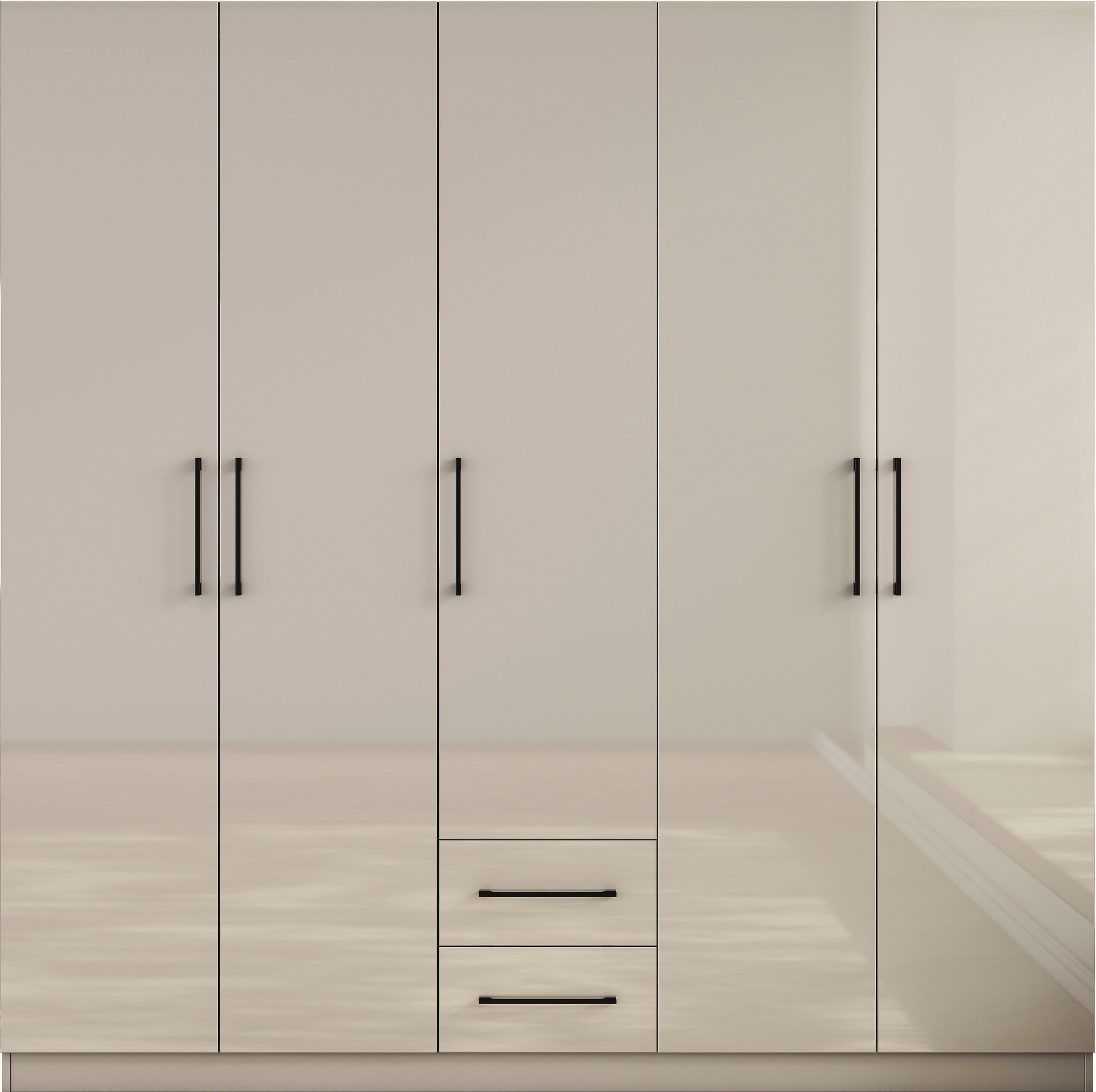 OTTO home Kleiderschrank Sylt Schlafzimmerschrank Garderobe Schrank in hochglanz weiß (5 Türen, 2 Schubladen, schwarze moderne Griffe, 7 Einlegeböden) Drehtürenschrank mit perfekter Innenausstattung, Breite 200cm