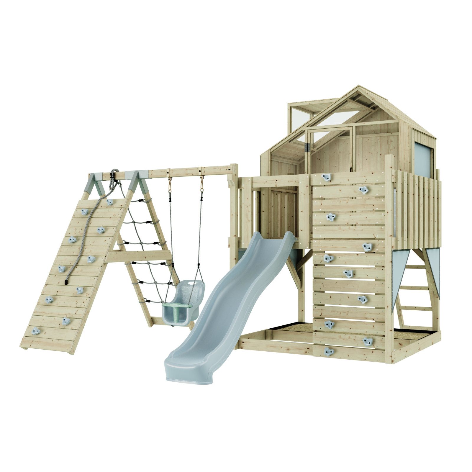 OutdoorToys Spielturm Anika aus Holz in Eisblau mit Babyschaukel & Rutsche, Kletterwand, aus Holz in Eisblau mit Babyschaukel & Rutsche, Kletterwand