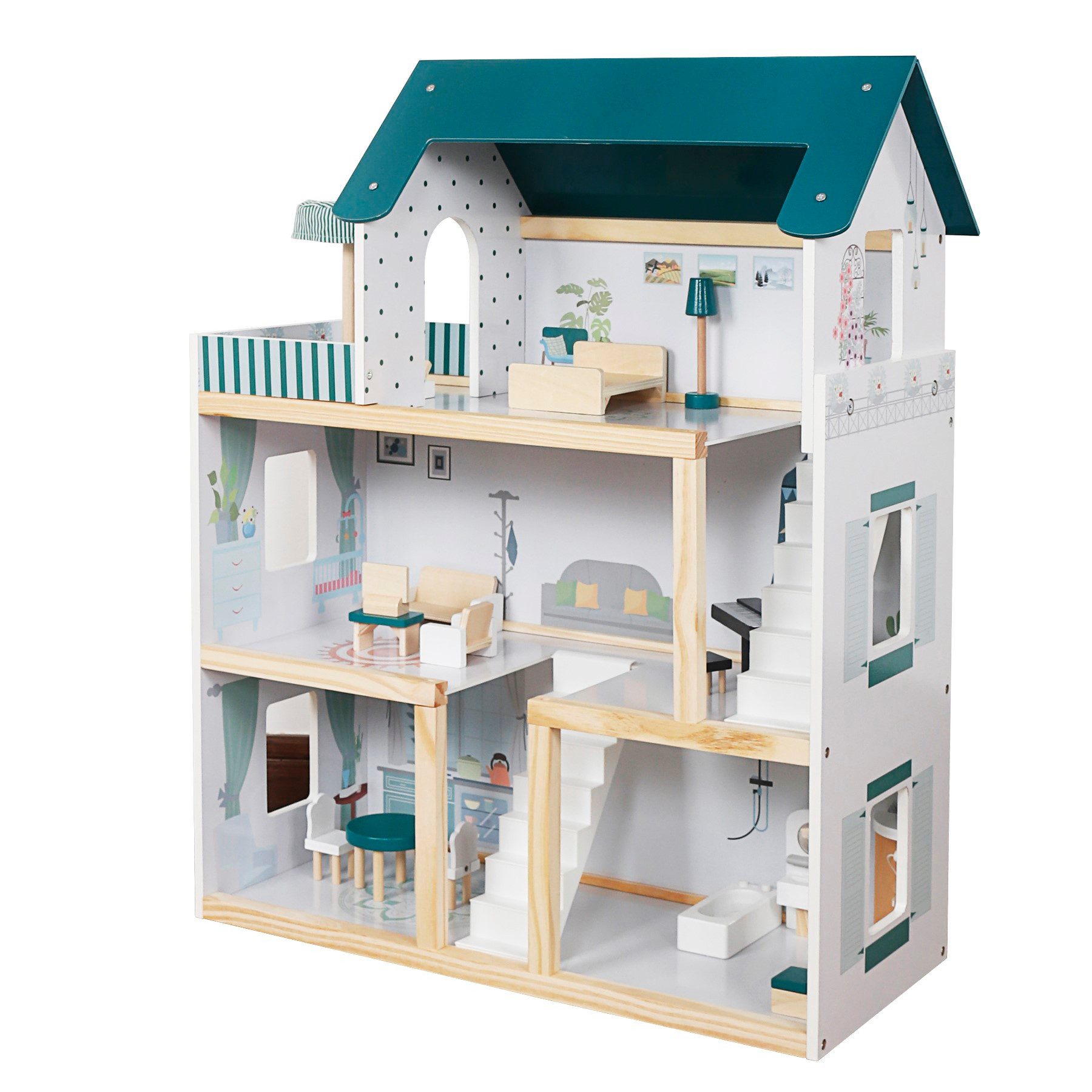 TikTakToo Puppenhaus Großes Puppenhaus XXL Puppenvilla Set aus Holz mit Zubehör für Kinder, (17-tlg), 5 Zimmer