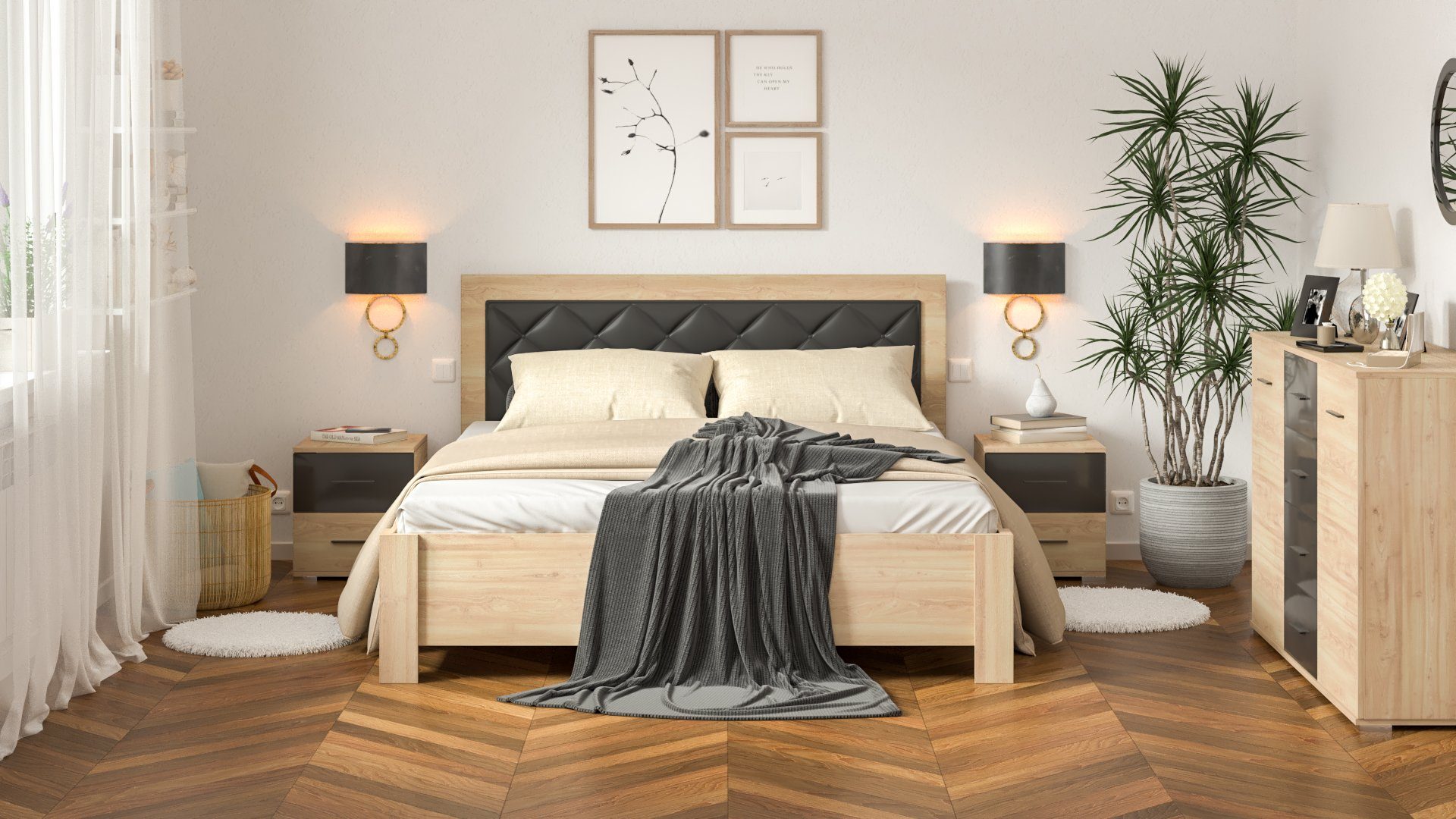 Siblo Bett Doppelbett Paris 160x200 cm mit gepolstertem Kopfteil - elegantes Bett - Doppelbetten - laminierte Platte - Holzrahmen, Möbelplatte