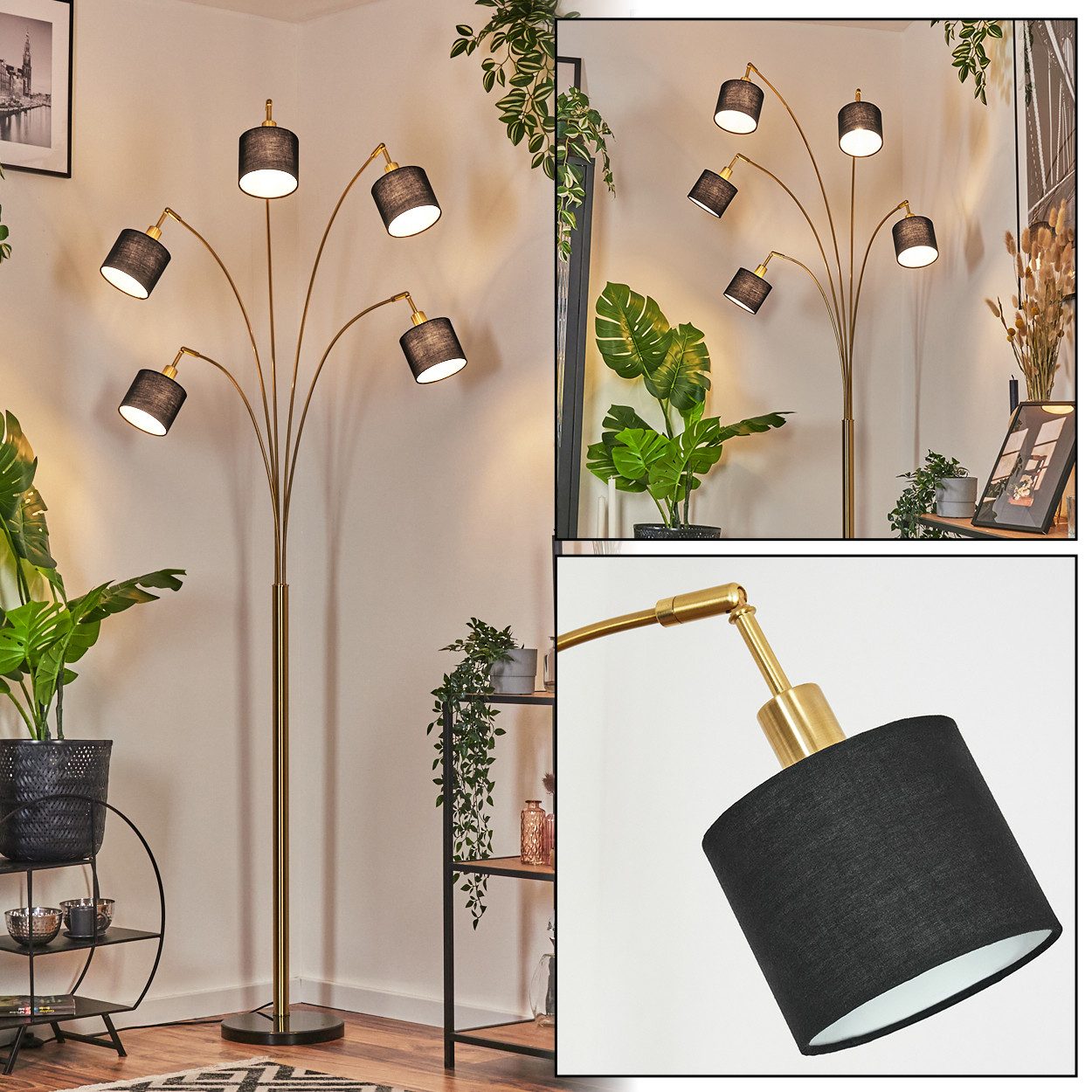 hofstein Stehlampe Stehlampe aus Metall/Stoff in Schwarz/Messing gebürstet/Weiß, ohne Leuchtmittel, moderne Stehleuchte verstellbar mit Marmorfuß und Fußschalter, E14