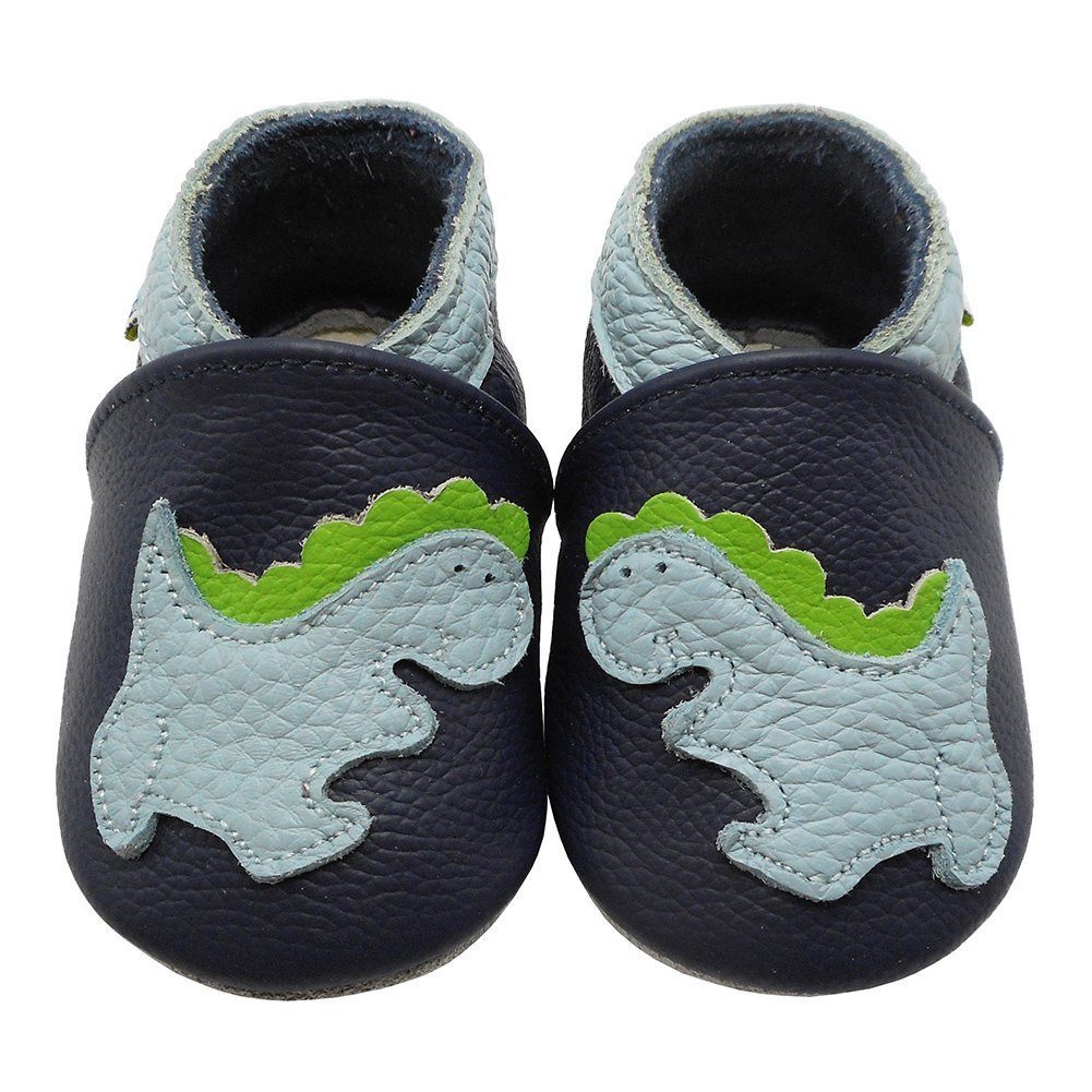Yalion Yalion Leder Lauflernschuhe Hausschuhe Dunkelblau Dino Krabbelschuh