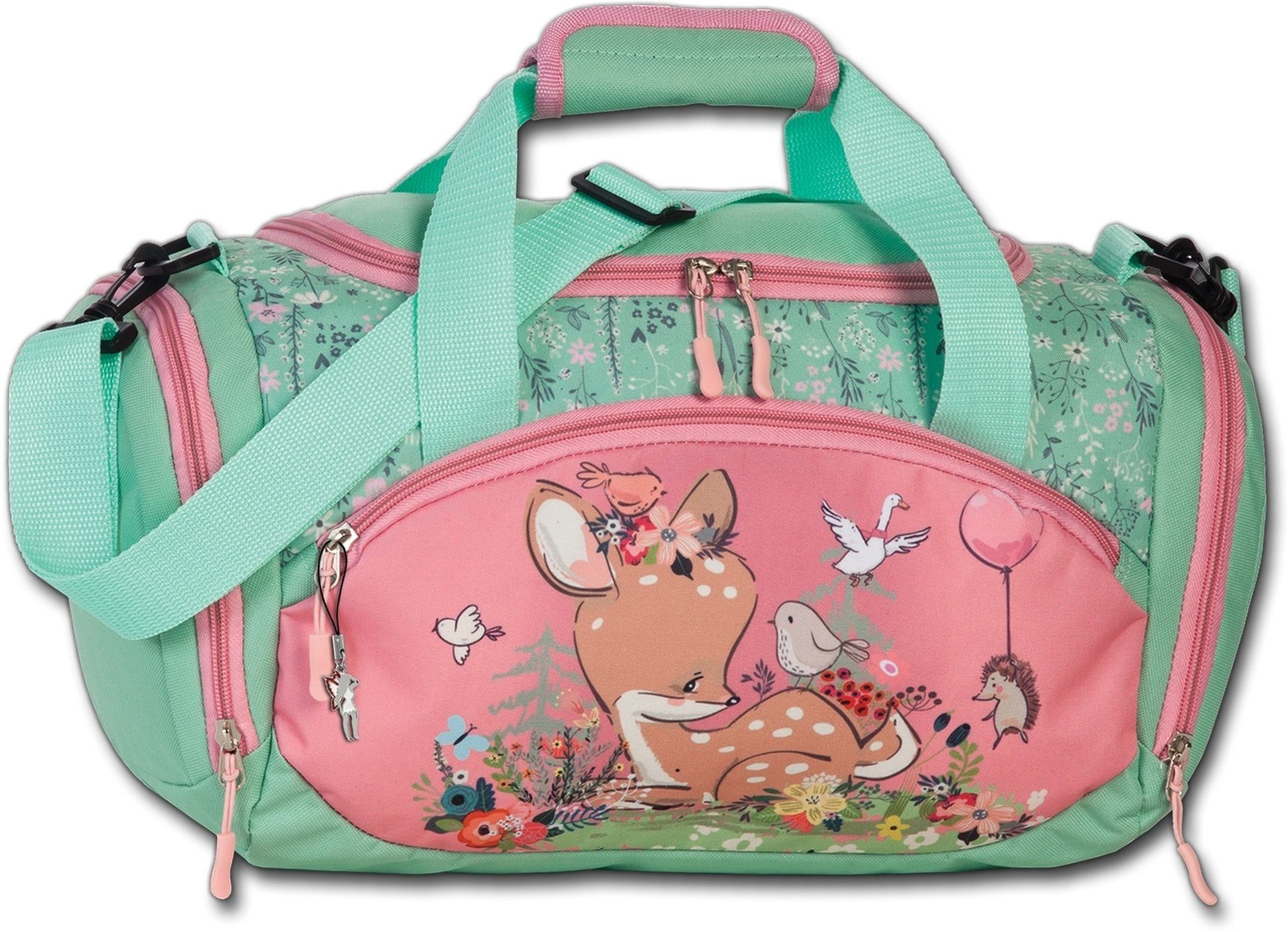 fabrizio® Reisetasche Fabrizio Kindersporttasche Reisetasche, Kinder Tasche  Textil-Polyester rosa, grün, Reh, Blumen