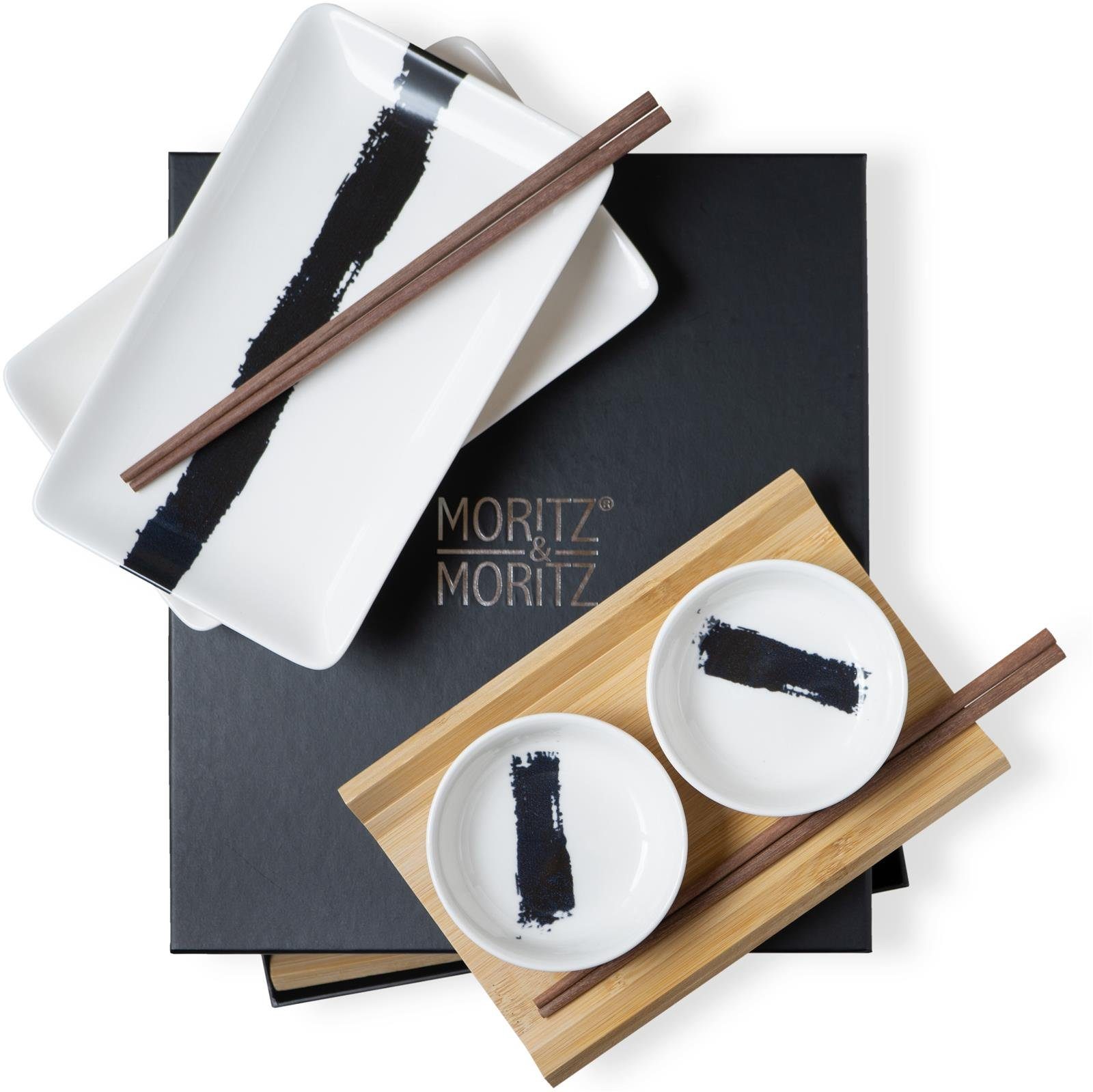 Moritz & Moritz Tafelservice Sushi Set 10tlg Pinselstrich Schwarz (8-tlg), 2 Personen, Geschirrset für 2 Personen