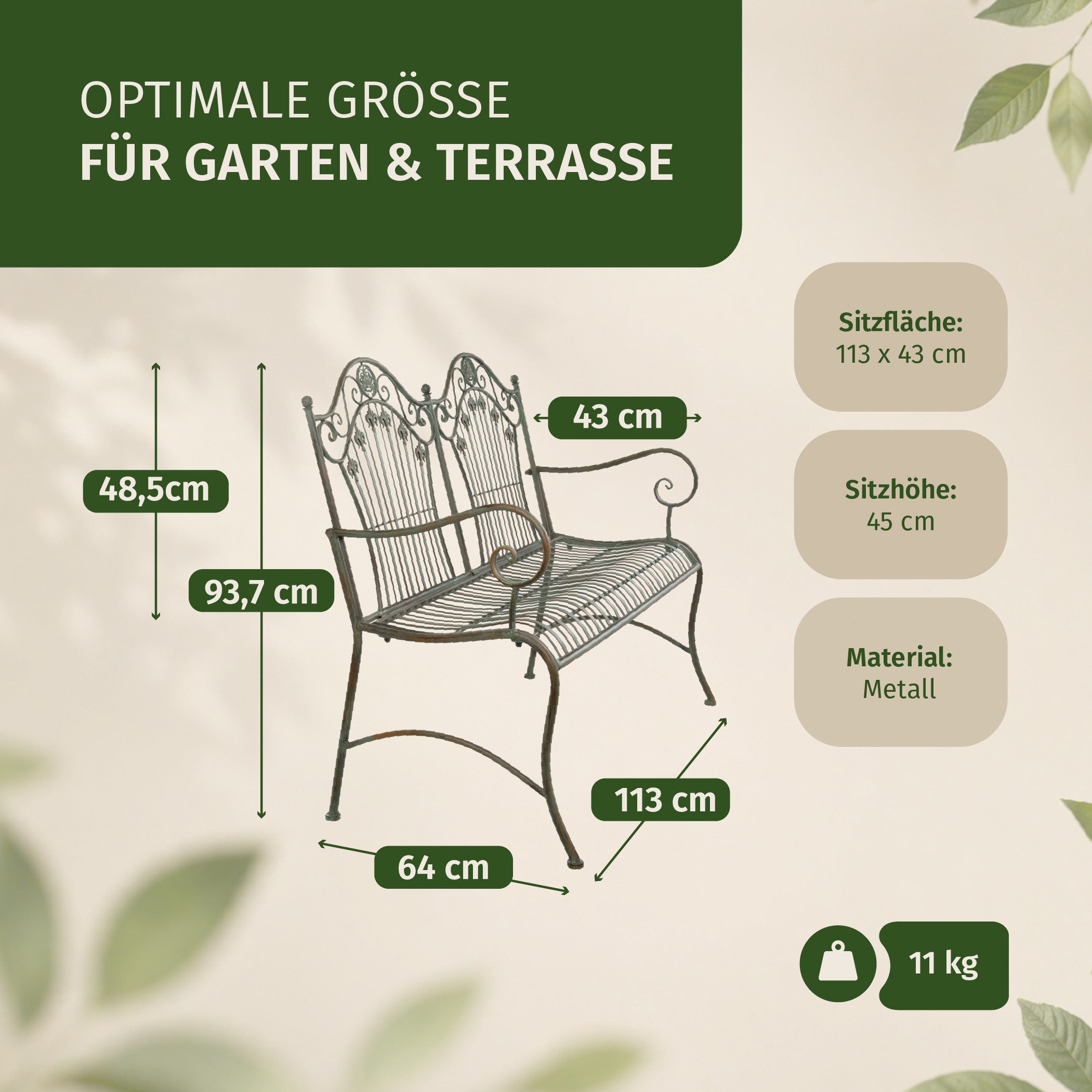 Moritz Gartenbank Gartenbank Lilien-Ornamente B 113 cm Metall 2-Sitzer Antik Grün Garten