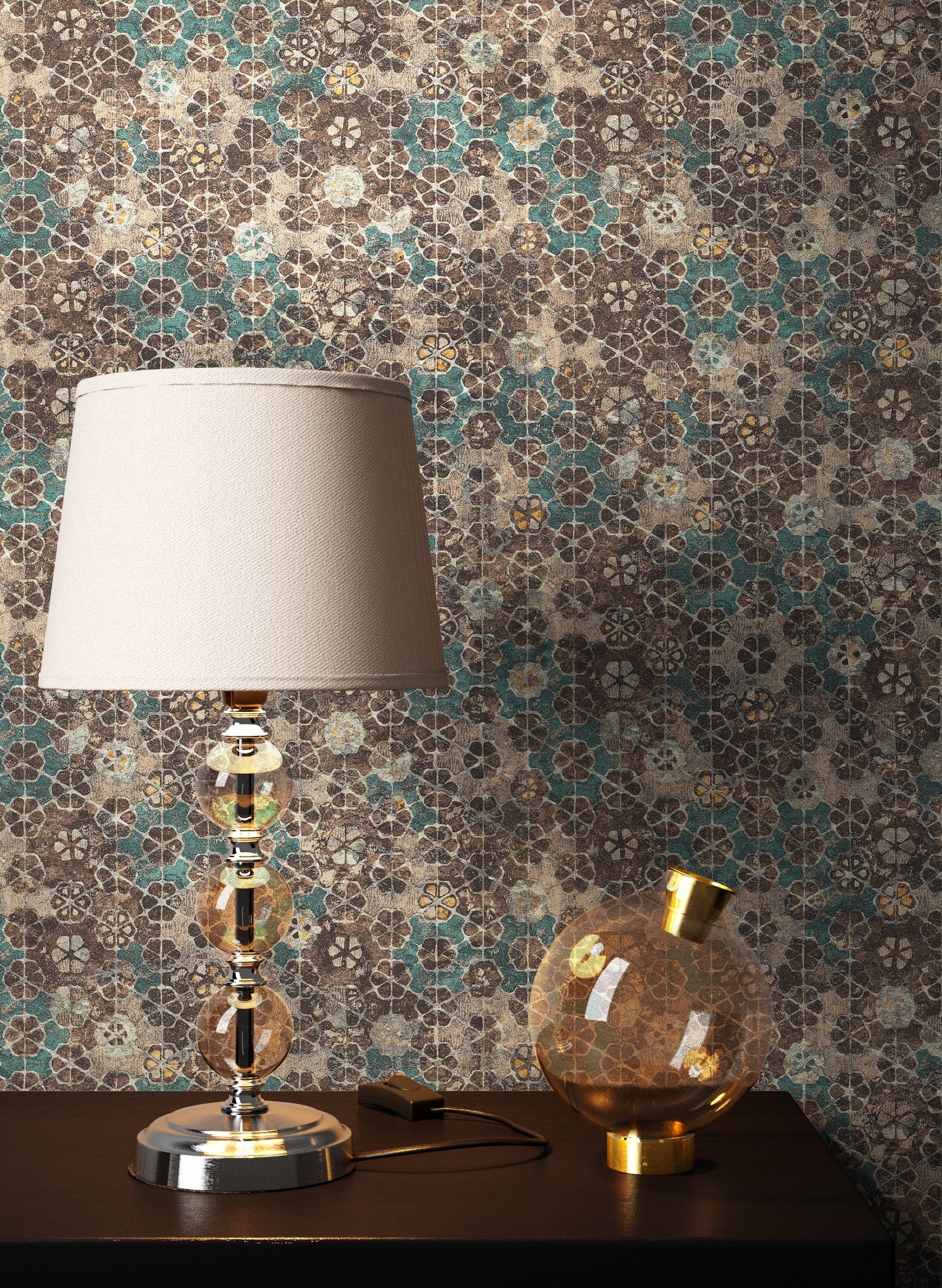Newroom Vliestapete Muster1 Tapete Fliesenoptik Muster,Muster,Blumen, Grün Tapete Muster Vintage - Fliesenoptik Braun Blau Fliesen Blumen Floral für Schlafzimmer Küche Wohnzimmer, Muster