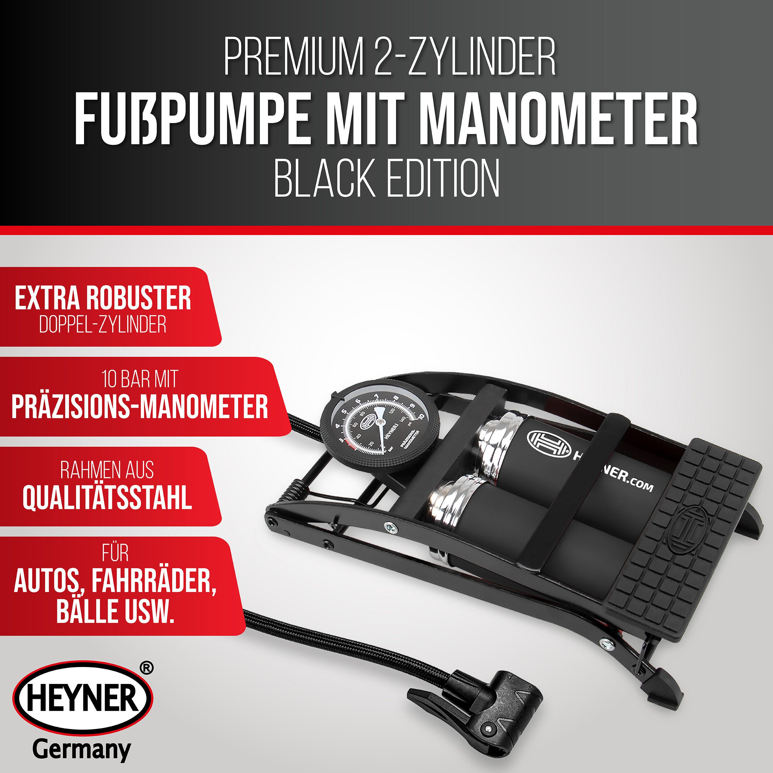 HEYNER Luftpumpe Fußpumpe Doppelzylinder Fahrradpumpe Luftpumpe 10 Bar + Tasche (1-tlg)