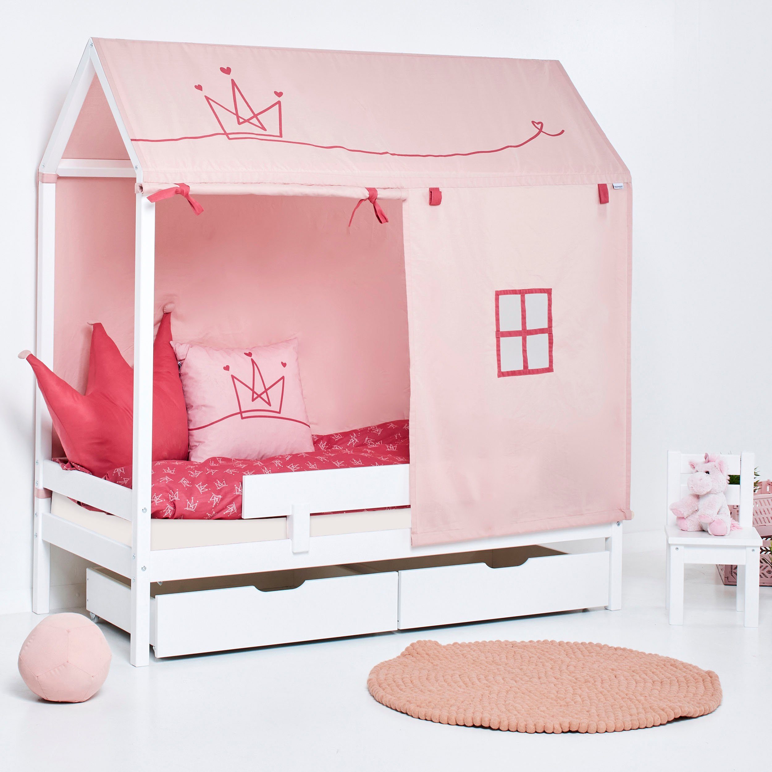 Hoppekids Kinderbett ECO Comfort Bett, Hausbett mit Dach wahlweise mit Rausfallschutz