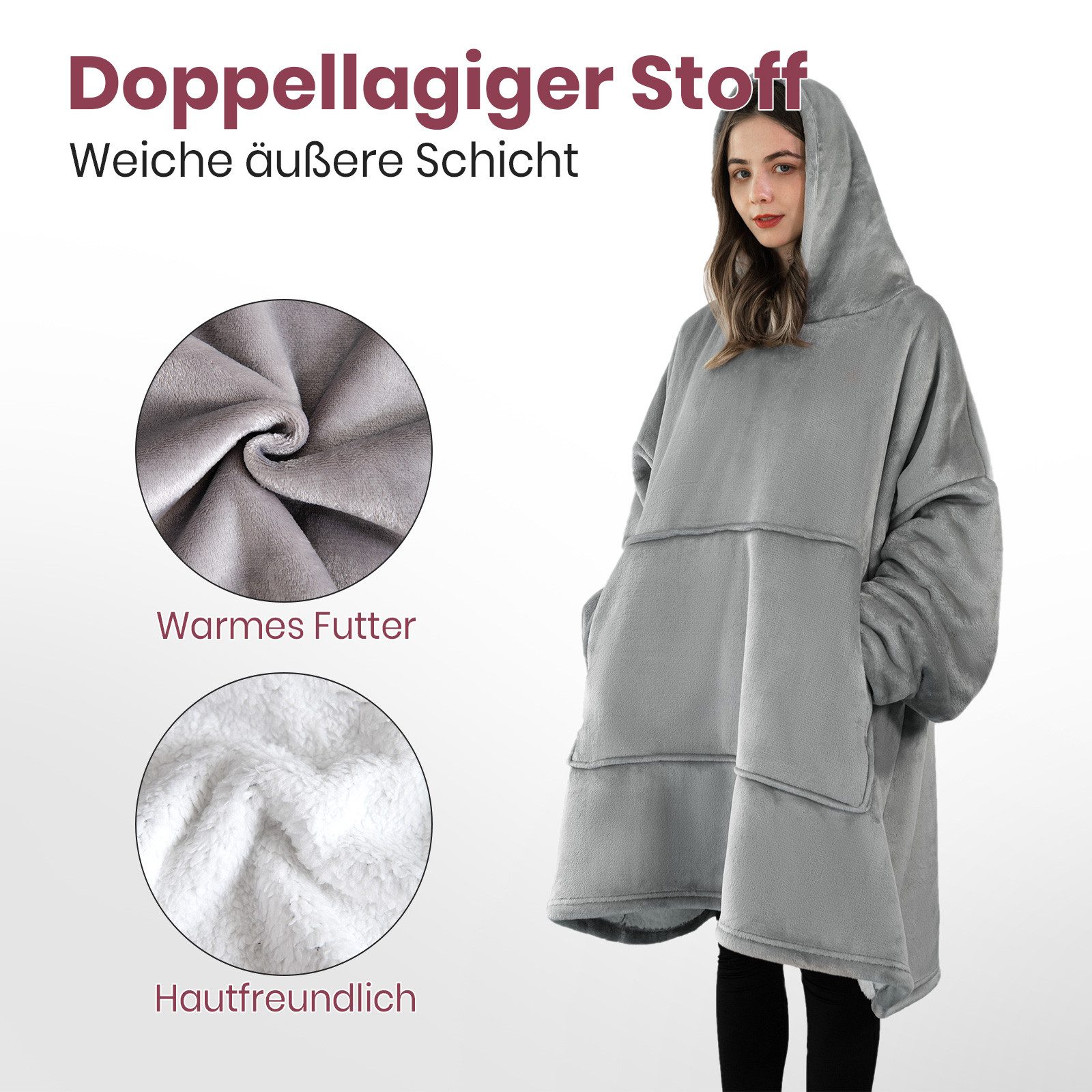 Wohndecke Tragbare Decke, Kuscheldecke mit Ärmeln, Sherpa, mit Taschen, Grau, Good Nite, Hoodie, Oversize, Sherpa Fleece
