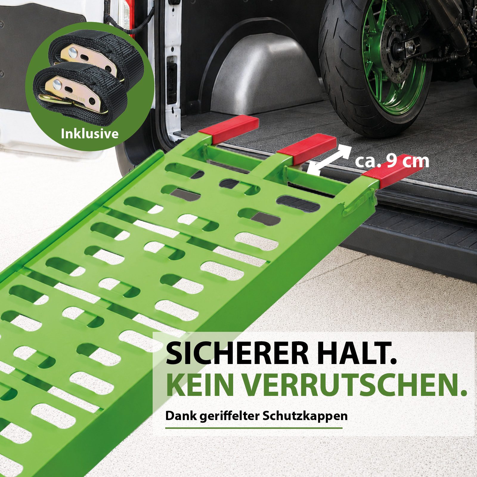 TRUTZHOLM Auffahrrampe klappbar 228 cm Traglast 680 kg Aluminium grün gelochte Oberfläche 2x (2-St., Inkl. 2x Spanngurt), stabile Konstruktion, hochwertige Vera – Bild 4 von 5