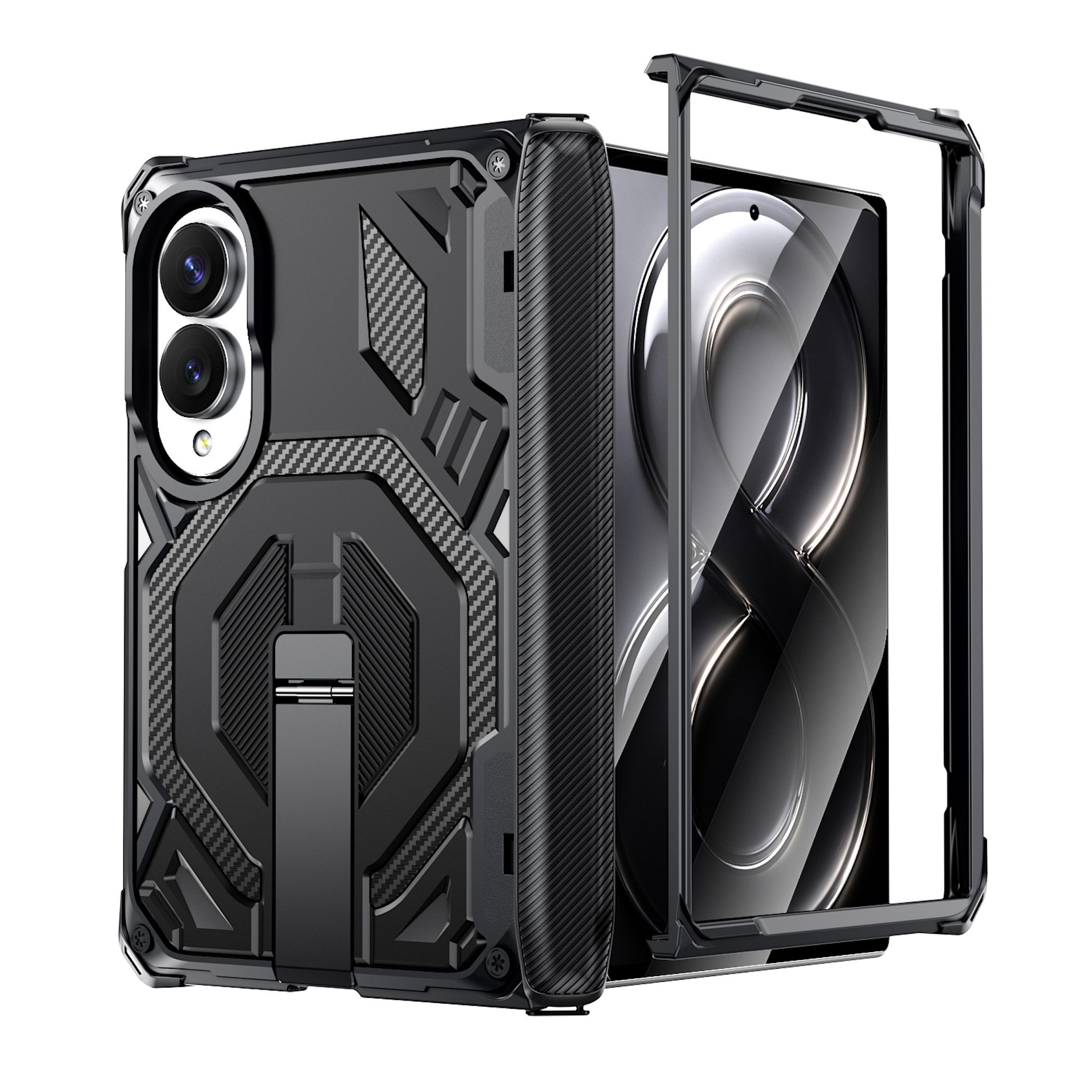 Wigento Handyhülle Klapphülle Kickstand für Samsung Galaxy Z Fold8 5G Outdoor Schwarz 5,4 Zoll und 7,6-7,8 Zoll, Kamera Lisen Schutz, verstärkte Ecken mit Sturzschutz