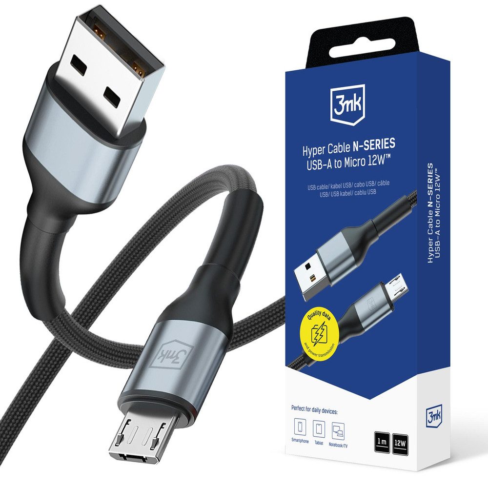 3MK Ladekabel Datenkabel Nylonkabel USB-Kabel, USB-A, Micro-USB (100.0 cm), Nylongeflecht, Aluminiumstecker, 12 W, USB 2.0