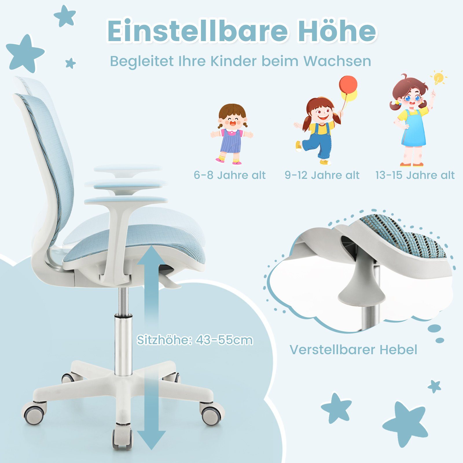 COSTWAY Drehstuhl Kinderstuhl, 43-55cm höhenverstellbar, mit Rollen 360° dr günstig online kaufen