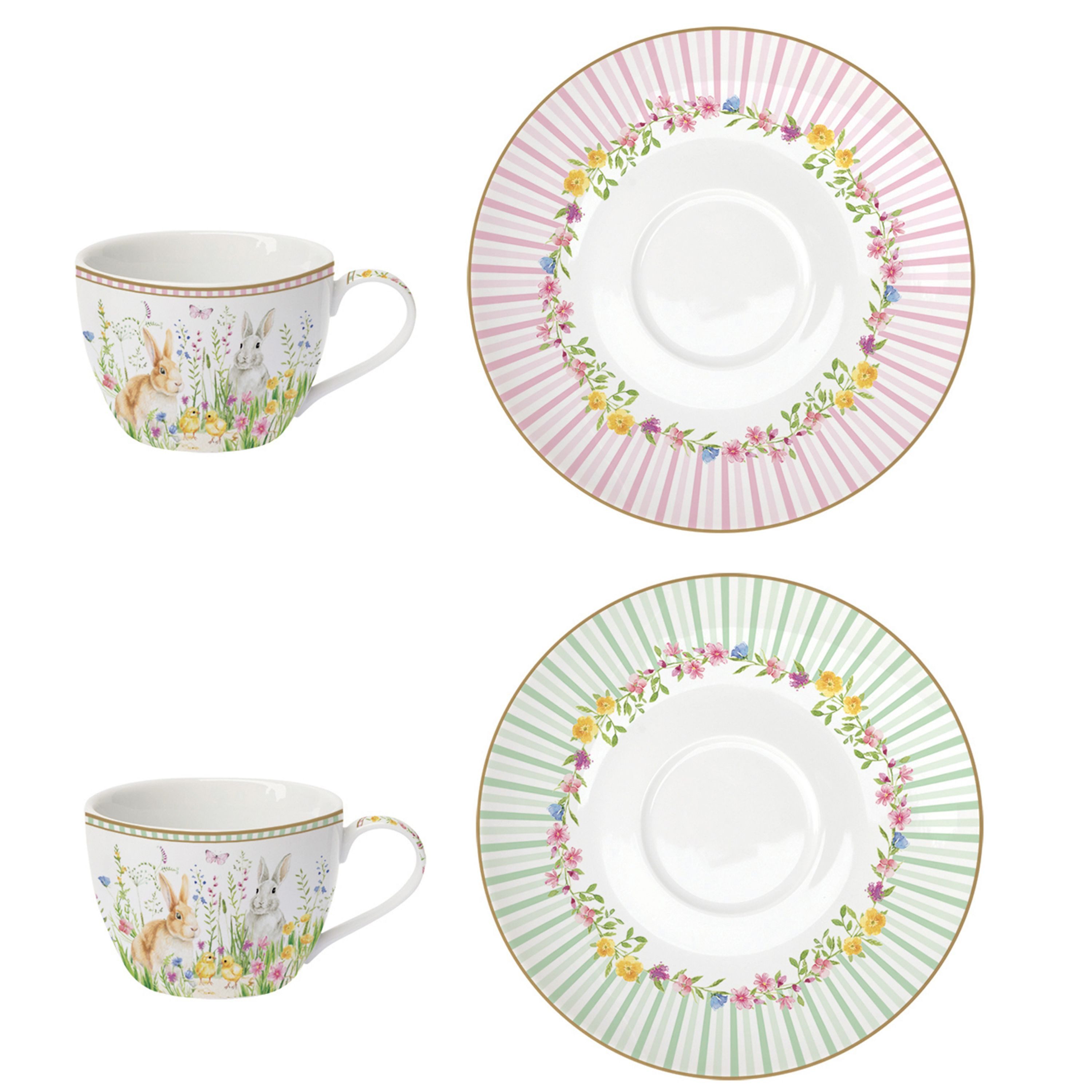 MamboCat Tasse MamboCat Happy Easter Tassen mit Untertassen für 2 Personen Ostern, Porzellan
