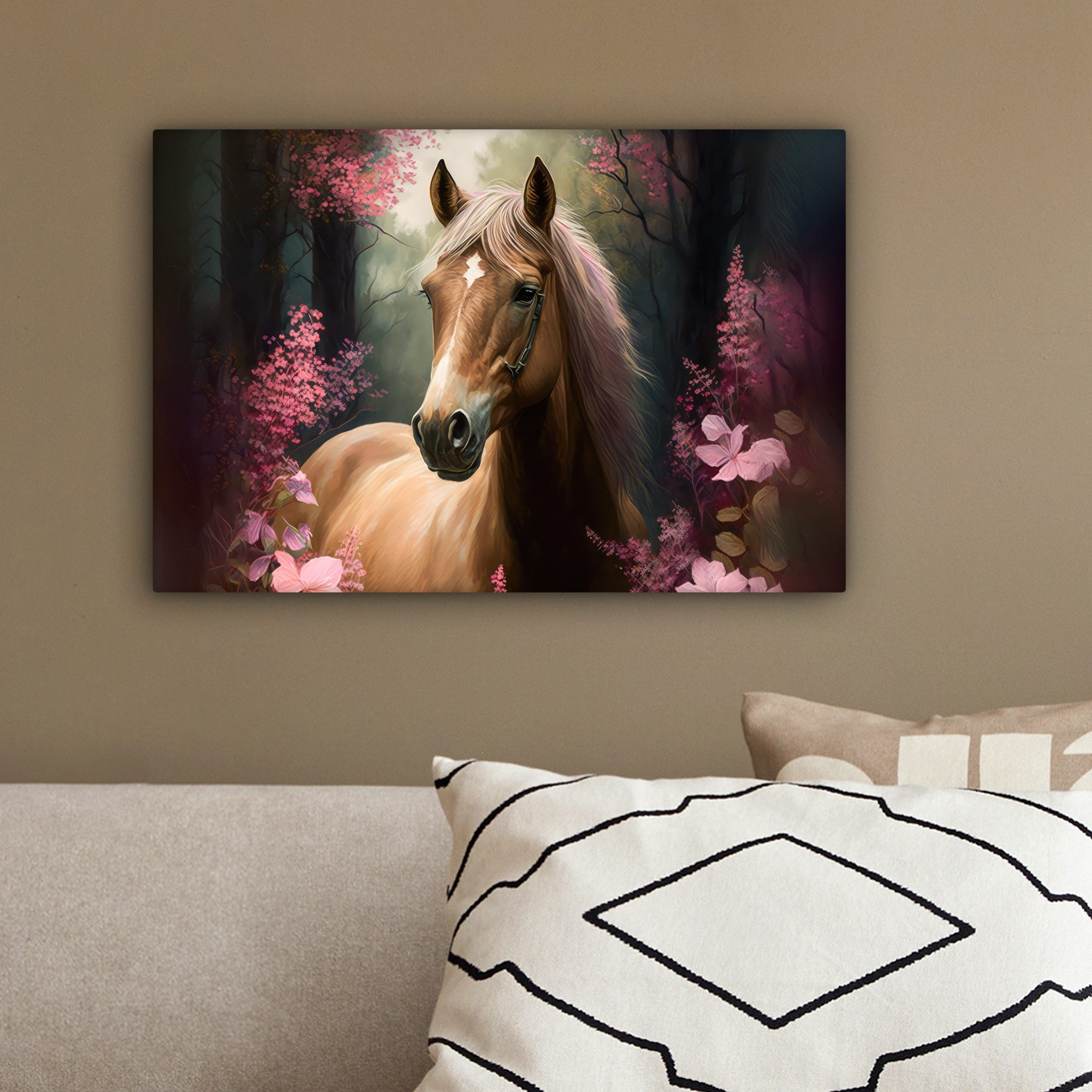 OneMillionCanvasses® Leinwandbild Pferd - Blumen - Rosa - Natur - Wald, Fotodruck (1 St), Wandbild, Deko Schlafzimmer Wohnzimmer Flur 20x20 cm – Bild 4 von 5