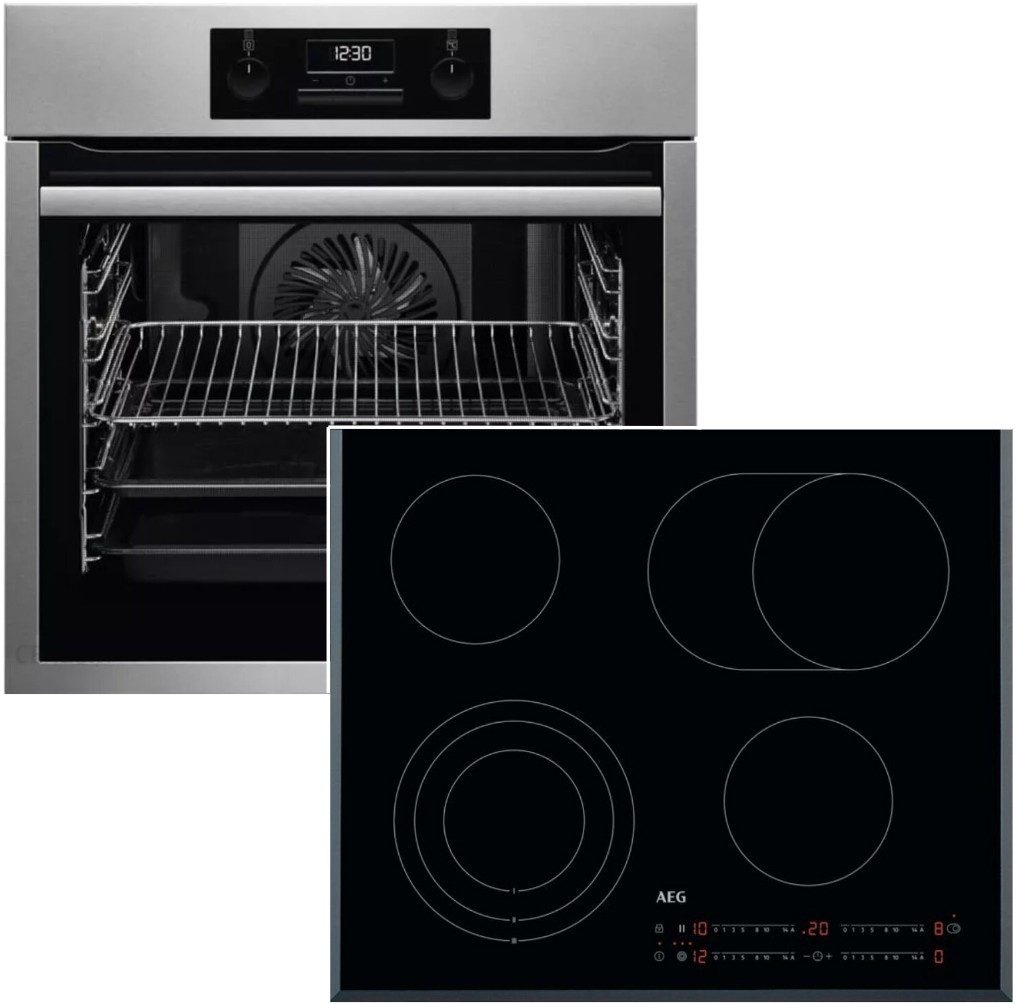 AEG Backofen-Set Glaskeramikkochfeld Edelstahl 71 L Heißluft AquaClean Facettenschliff, mit 1-fach Teilauszug, Aqua Clean