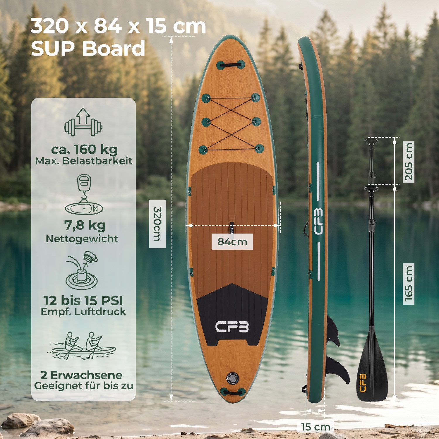 CFB SUP-Board Set 320x84x15 cm extra breit, Bis zu 160 kg, aufblasbar Stand Up Paddle Board, (iSUP Komplett-Set, 12 tlg., mit Alu Paddel, Pumpe, Rucksack, Leash, 5L Dry Bag und Schultergurt), Paddleboard aufblasbar für Anfänger & Erwachsene
