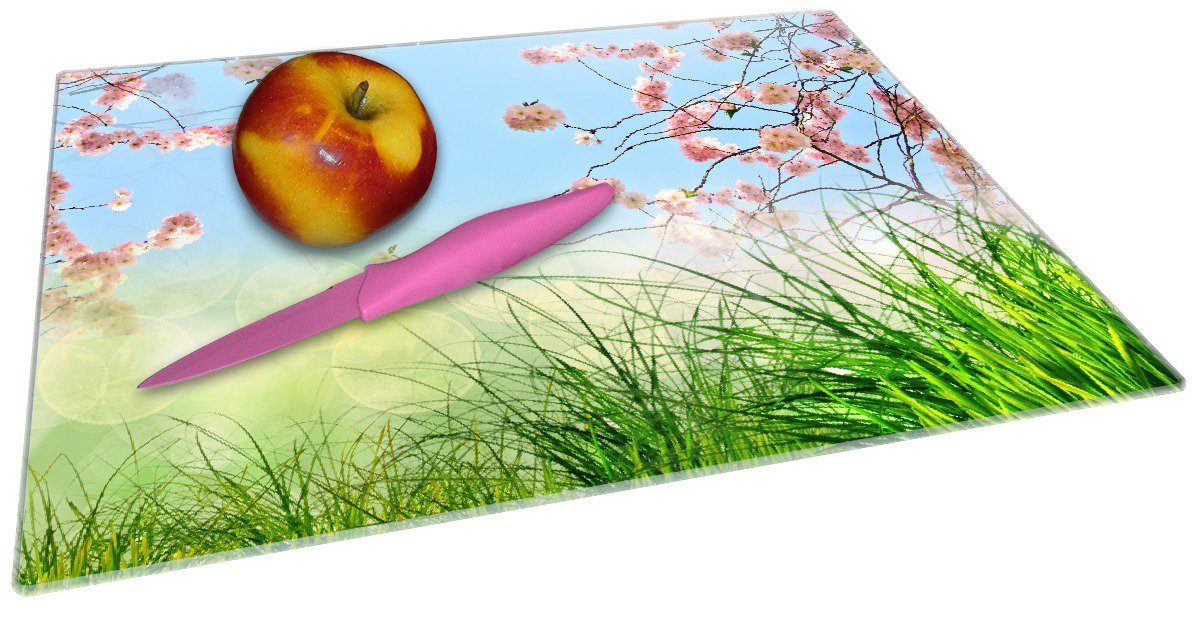 rutschfester Kirschblütenzweige Wiese- 30x40cm 4mm, und 1-St), (inkl. grüne Gummifüße Wallario Frühling, Schneidebrett ESG-Sicherheitsglas,