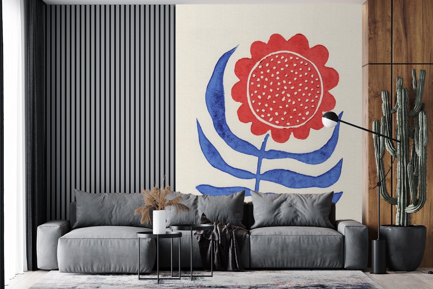 MuchoWow Fototapete Wandtapete (4 Blume St), Wohnzimmer, Montagefertig Blau, - für Pflanze Vinyl Matt, bedruckt, Tapete Rot - 