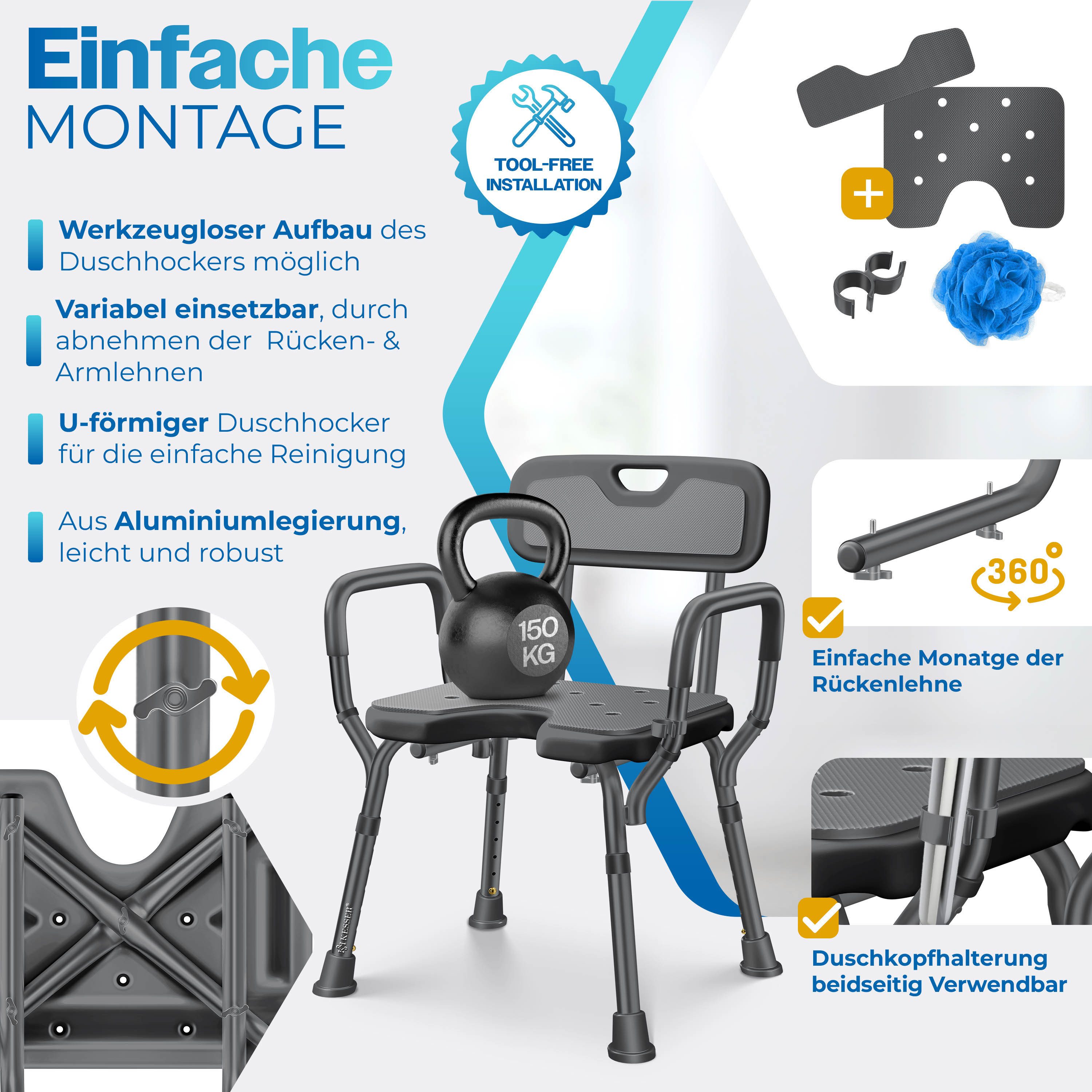 KESSER Badhocker Duschhocker mit Lehne höhenverstellbar in 6 Stufen 38-54cm (Duschstuhl mit Brausehalterung, Anti-Rutsch Füße & Matten), Duschsitz 150KG belastb – Bild 5 von 5