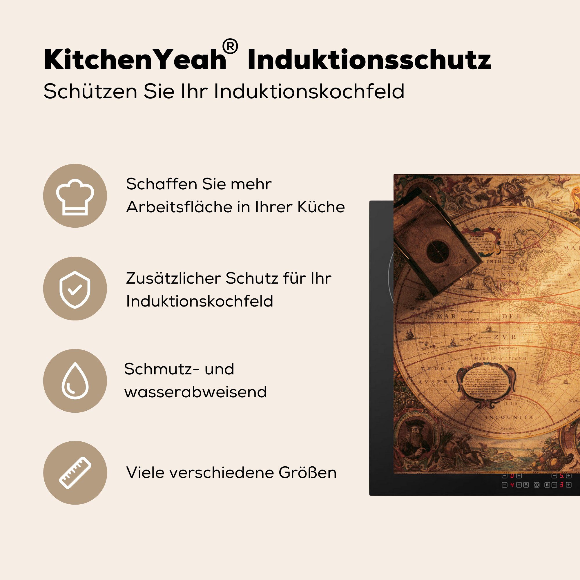 Weltkarte Induktionskochfeld Vinyl, tlg), mit (1 MuchoWow cm, Navigationsgerät, Ceranfeldabdeckung Herdblende-/Abdeckplatte Schutz Altmodische 81x52 küche, die für
