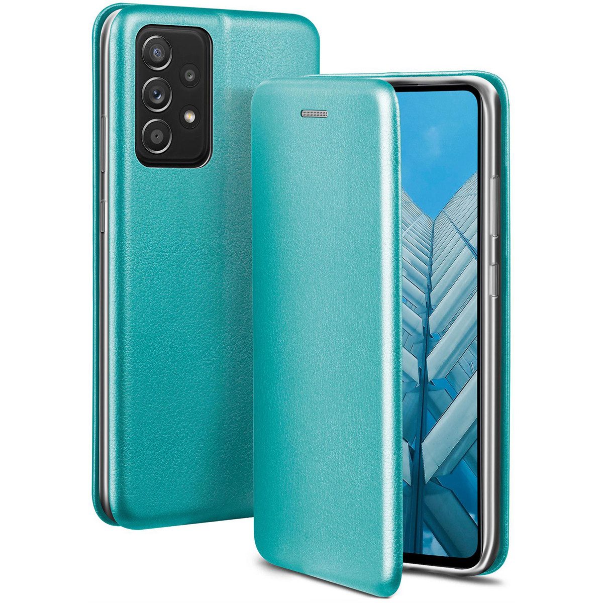 ONEFLOW Handyhülle für Samsung Galaxy A52 Premium Hülle Business Cover Blau 6,5 Zoll, 360 Grad Schutzhülle Flip Case Etui Klapphülle Dünn Leder Handy Tasche