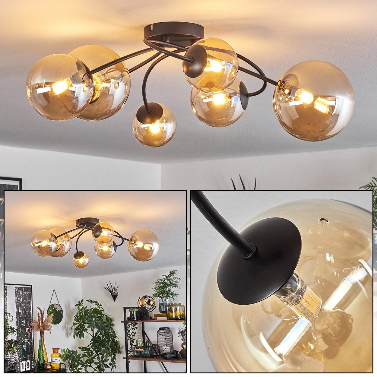 hofstein Deckenleuchte Deckenlampe aus Metall/Glas in Schwarz/Bernstein, ohne Leuchtmittel, Leuchte mit Glasschirmen (15cm, 12cm, 10cm), 6xG9, ohne Leuchtmittel