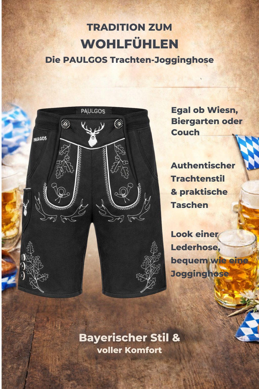 PAULGOS Trachtenhose Herren Jogginghose Design Lederhose Kurz Sweathose Bermuda Shorts JOK5