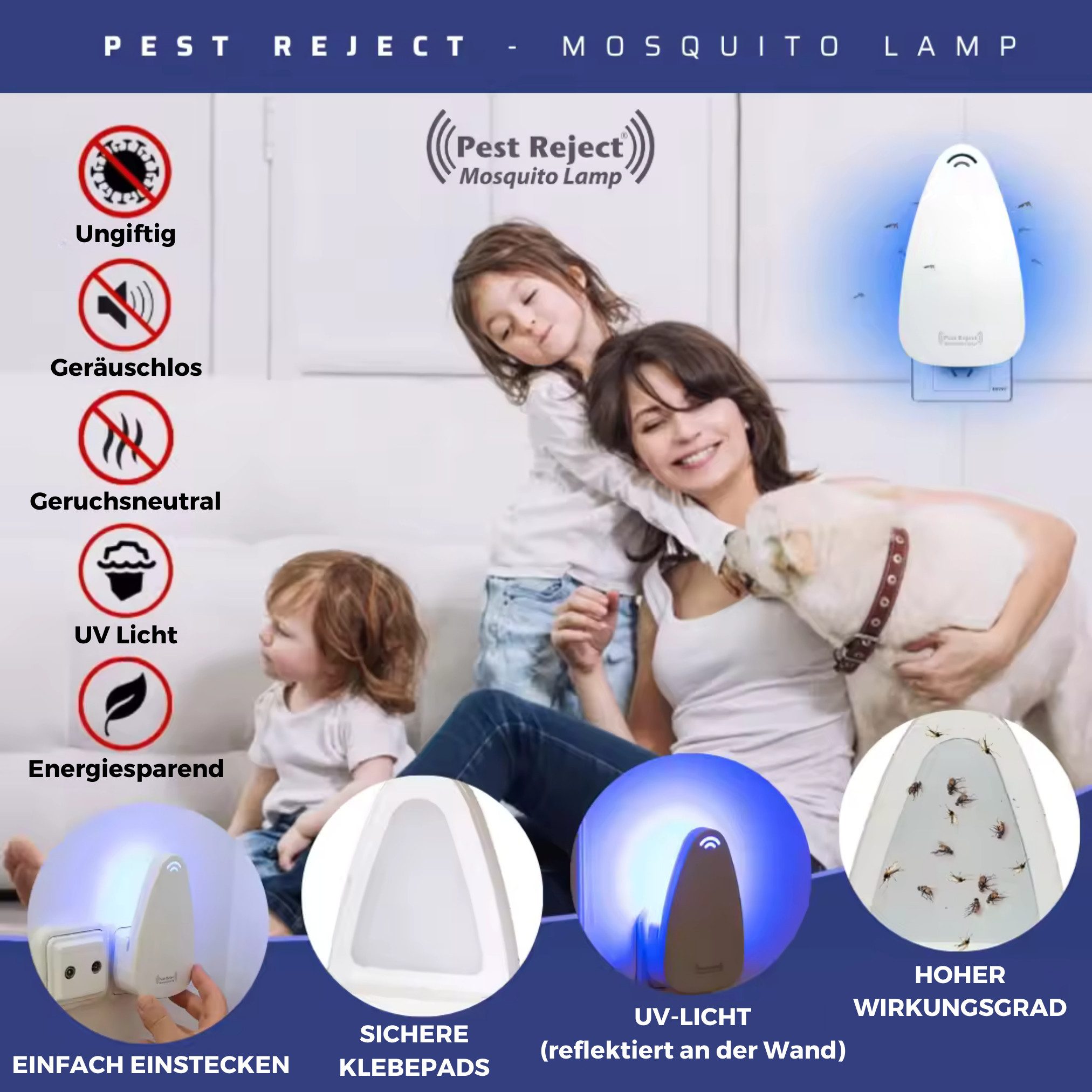 Pest Reject® Insektenfalle Mosquito Lamp, Mückenschutz elektrisch, Mückenlampe mit UV Licht