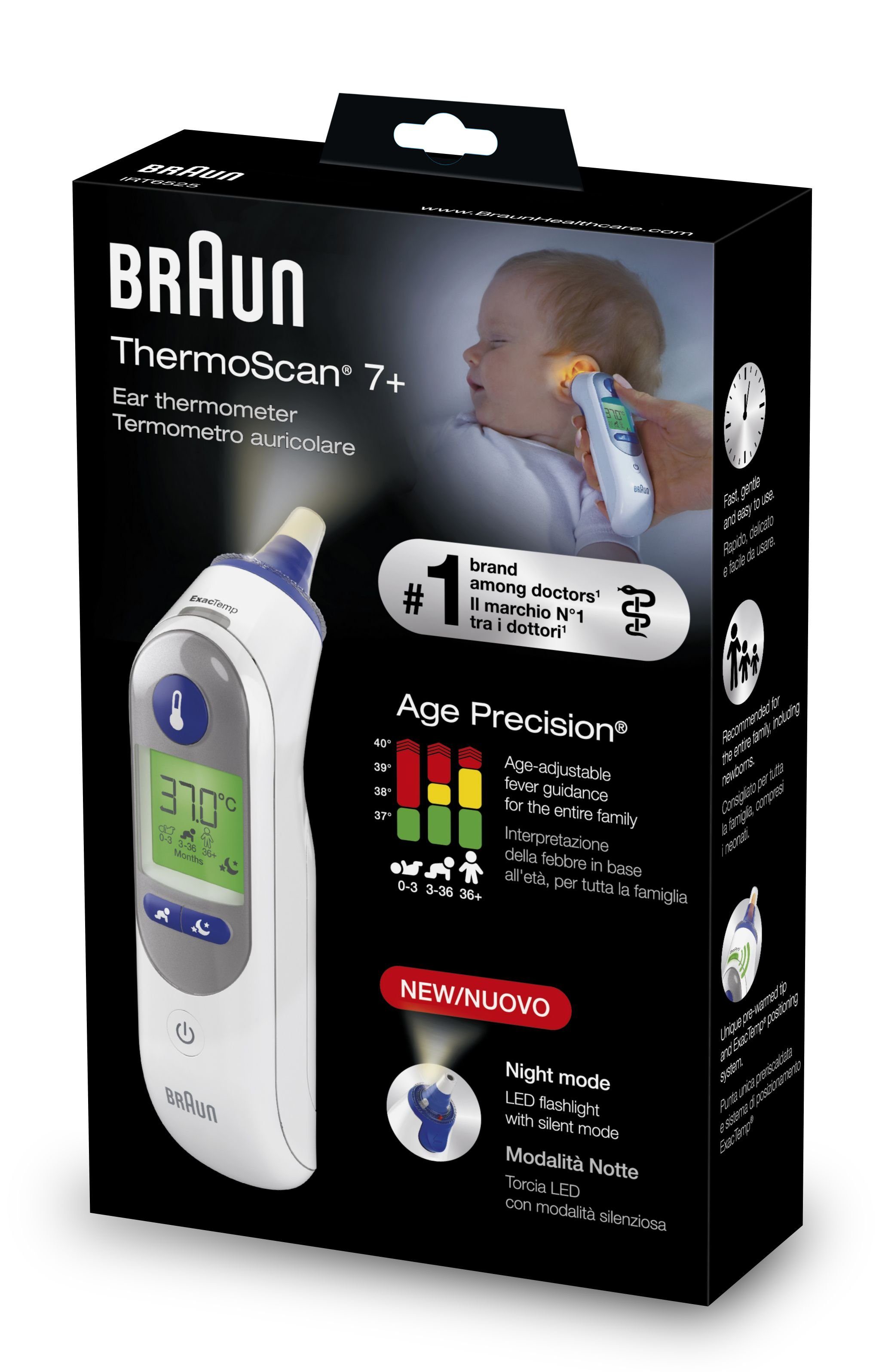 Braun Ohr-Fieberthermometer 101044291 Braun ThermoScan 7 + mit Age Precision und Nachtmodus
