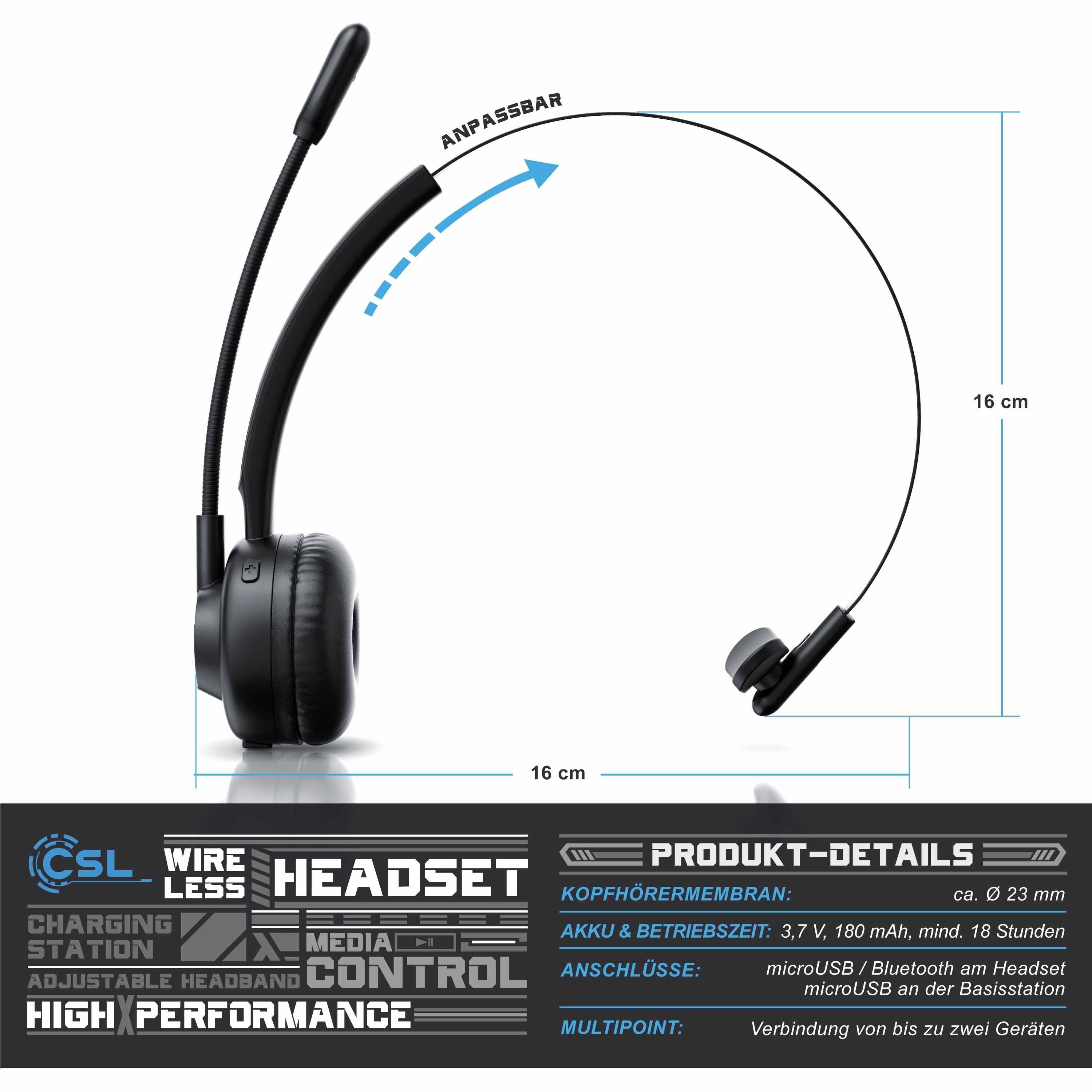 CSL Headset kabellos, inklusive Ladestation und Rauschunterdrückung Wireless-Headset (Rauschunterdrückung; Noise-Cancelling; Freisprechfunktion; True Wireless, Bluetooth, Mono Bluetooth Headset mit flexiblem Mikrofon und USB Ladeport)
