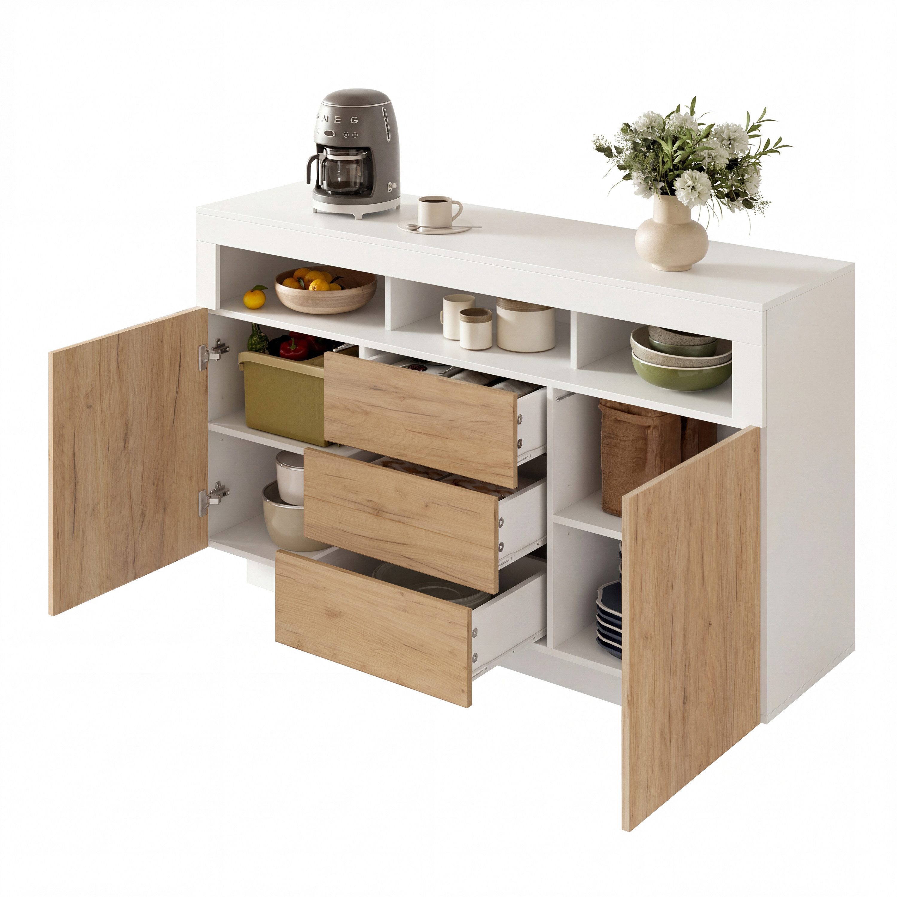 MODFU Sideboard für Wohnzimmer, Flur oder Küche (mit 3 Schubladen und 2 Türen, geeignet für Wohnzimmer, Flur oder Küche, Naturholzoptik + Weiß, 1 St., B140/T40/H85 cm)