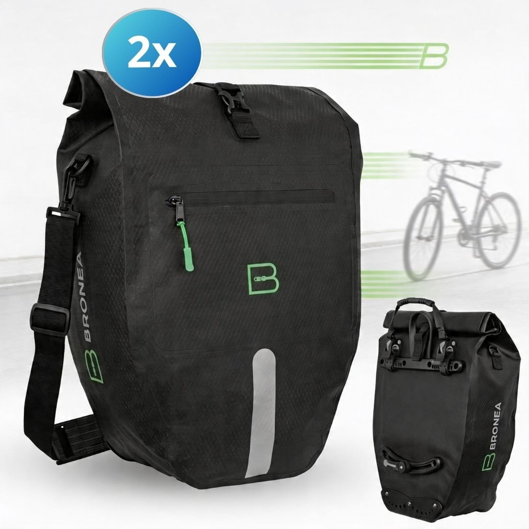 Bronea Fahrradtasche 2 STÜCK Gepäckträgertasche Fahrrad XXL 28 Ltr - Verstärkt - Abnehmbar (Fahrradtasche für Gepäckträger hinten, Wasserdicht & Reflektierend - Laptoptasche), Innovatives verstellbares Click System für alle Gepäckträger