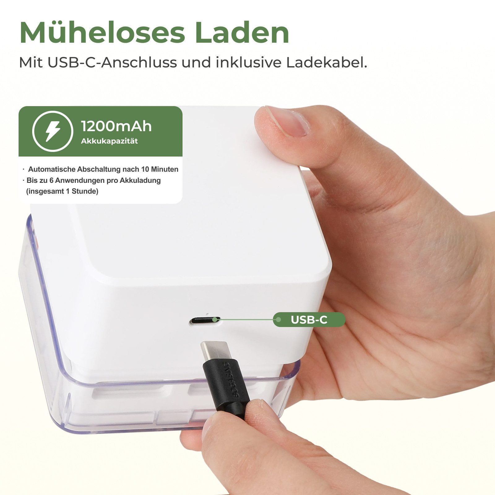 HOKO Akku-Handstaubsauger Mini-Tischstaubsauger USB-C, beutellos, 20 Bürsten, 1200-mAh-Akku, Auto-Off, kompakt für Büro und Schule, BEN weiß