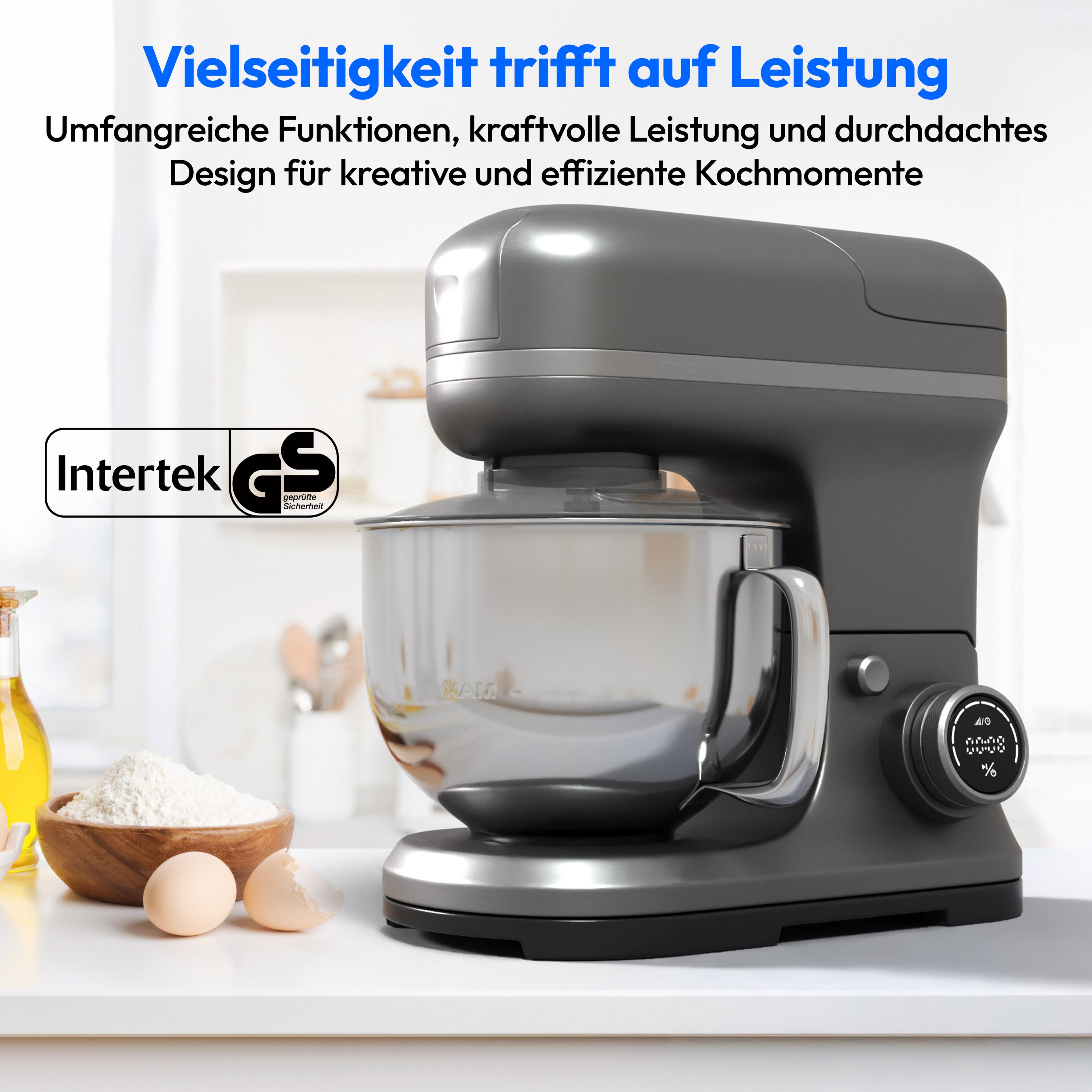 Medion® Küchenmaschine MD 18442 8 Geschwindigkeitsstufen, titan, 1200 W, 5 l Schüssel, Umfangreiches Zubehör-Set inkl. Eisschüssel für Speiseeiszubereitung – Bild 2 von 5