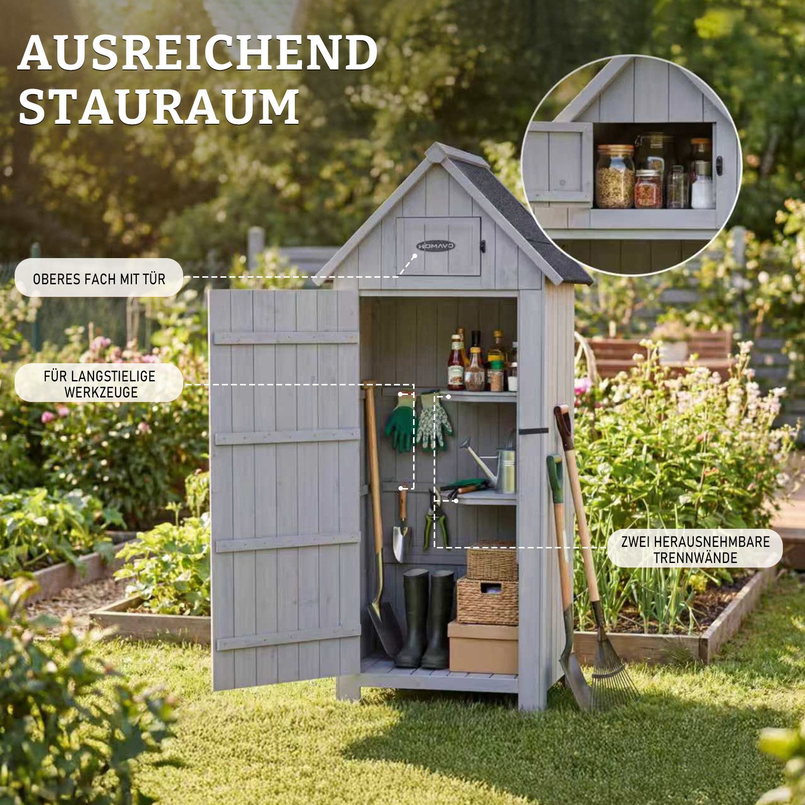 HOMAVO Gerätehaus Gartenschrank Werkzeugschrank Geräteschuppen Holzhäuschen, Outdoor-Schrank, Satteldach, mit 3 Einlegeböden, 77*54.3*179 cm