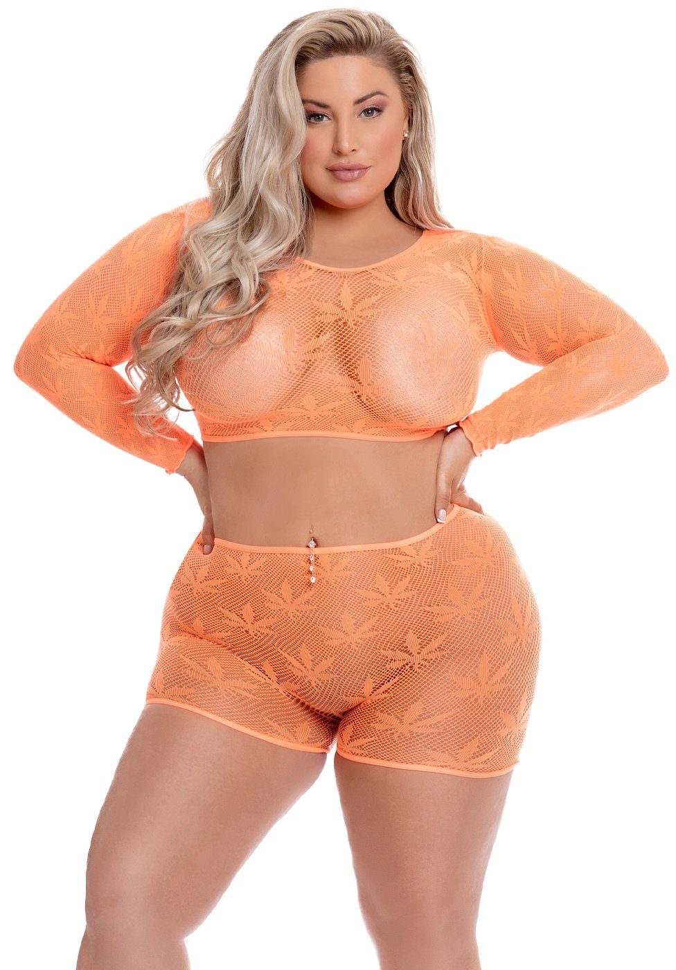 Top & Shorts Shirt und Shorts aus Netz-Stoff mit Hanfblatt-Muster - orange