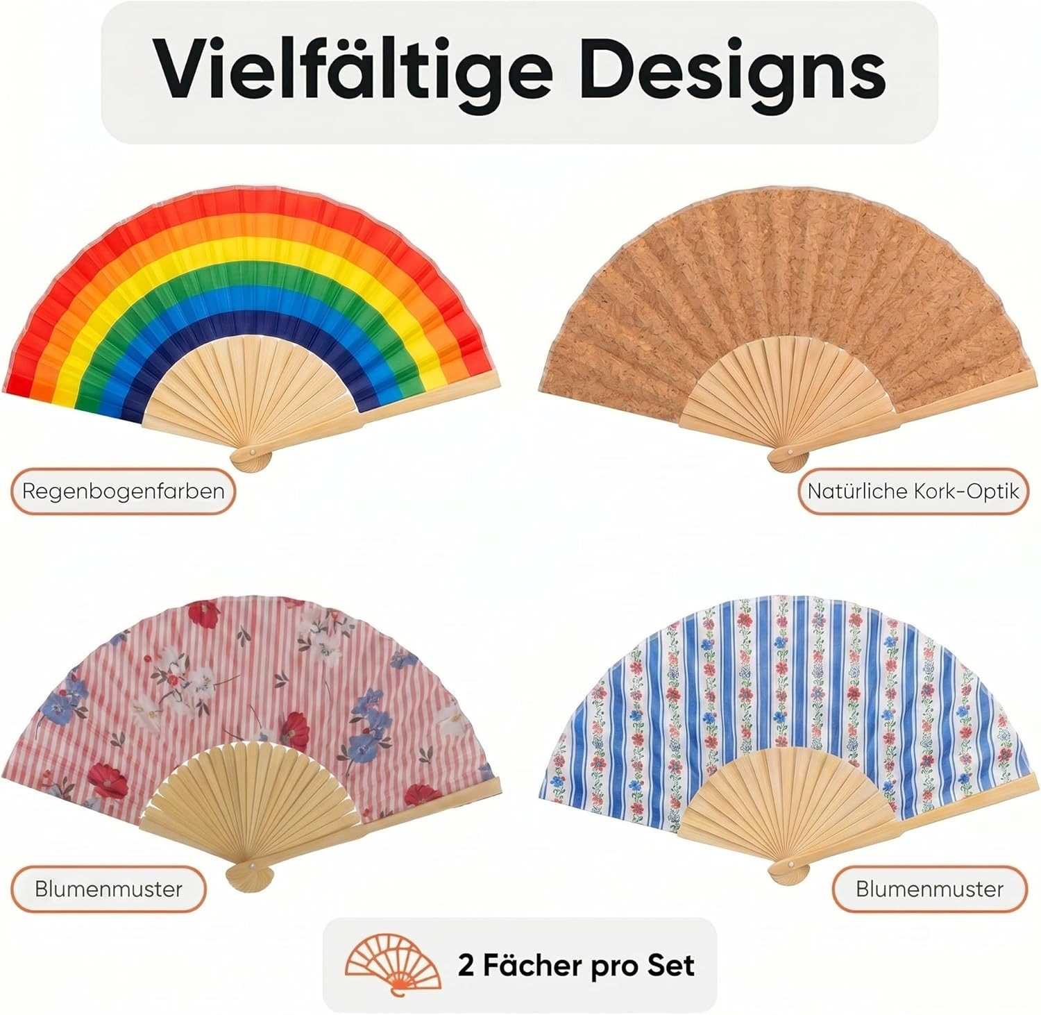 LK Trend & Style Handfächer Dekorativer Handfächer, Blumenmuster mit Streifen, (Spar-Set, 1-tlg., 21 cm, Bambus - Fächer in 4 Farben), absolut salonfähig sich eine kühle Brise zu gönnen