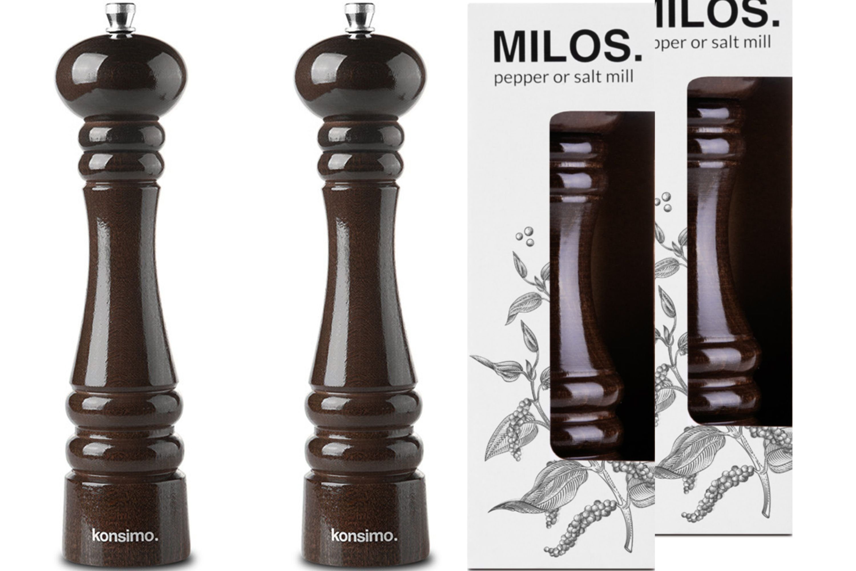 KONSIMO® Salz-/Pfeffermühle MILOS Gewürzmühlen Salzmühlen Pfeffermühlen 24 cm manuell, (2 Stück), Holz, modernes Design