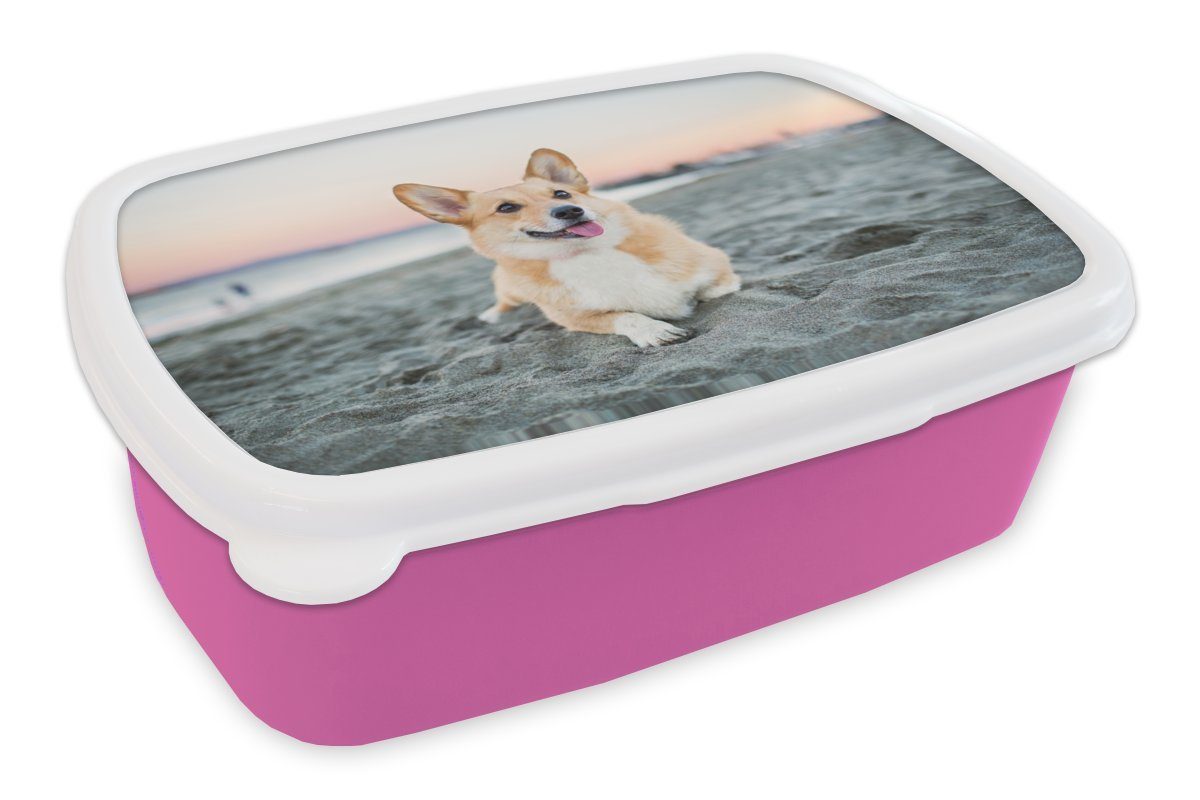 Snackbox, (2-tlg), Lunchbox Hund Kunststoff, rosa am Brotbox Strand, für Brotdose Kinder, MuchoWow Kunststoff Mädchen, Erwachsene,