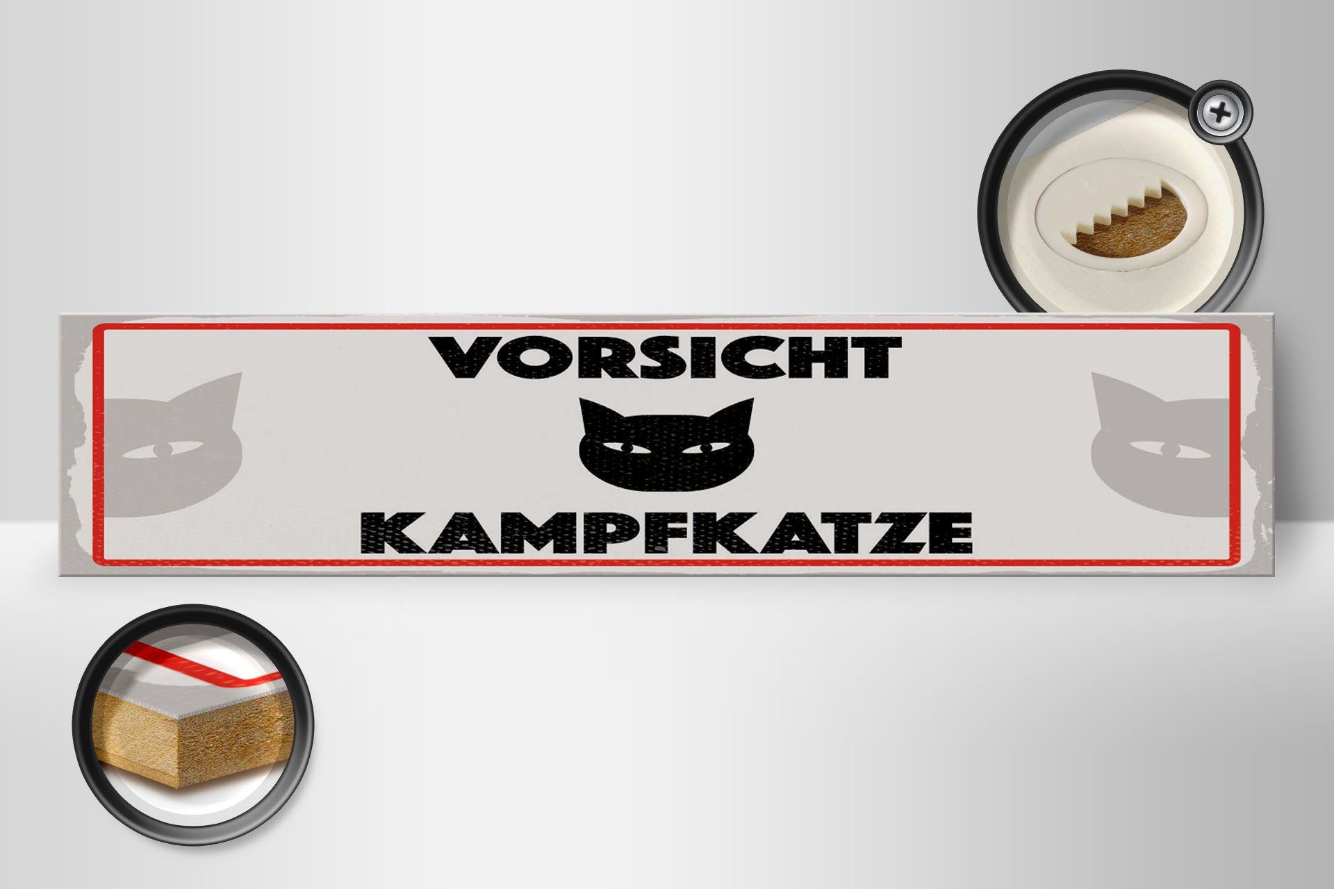 Femer GmbH Holzbild Hinweis 46x10 cm Vorsicht Kampfkatze, (1 St), Glatte Holzfaserplatte (MDF), vorn beschichtet