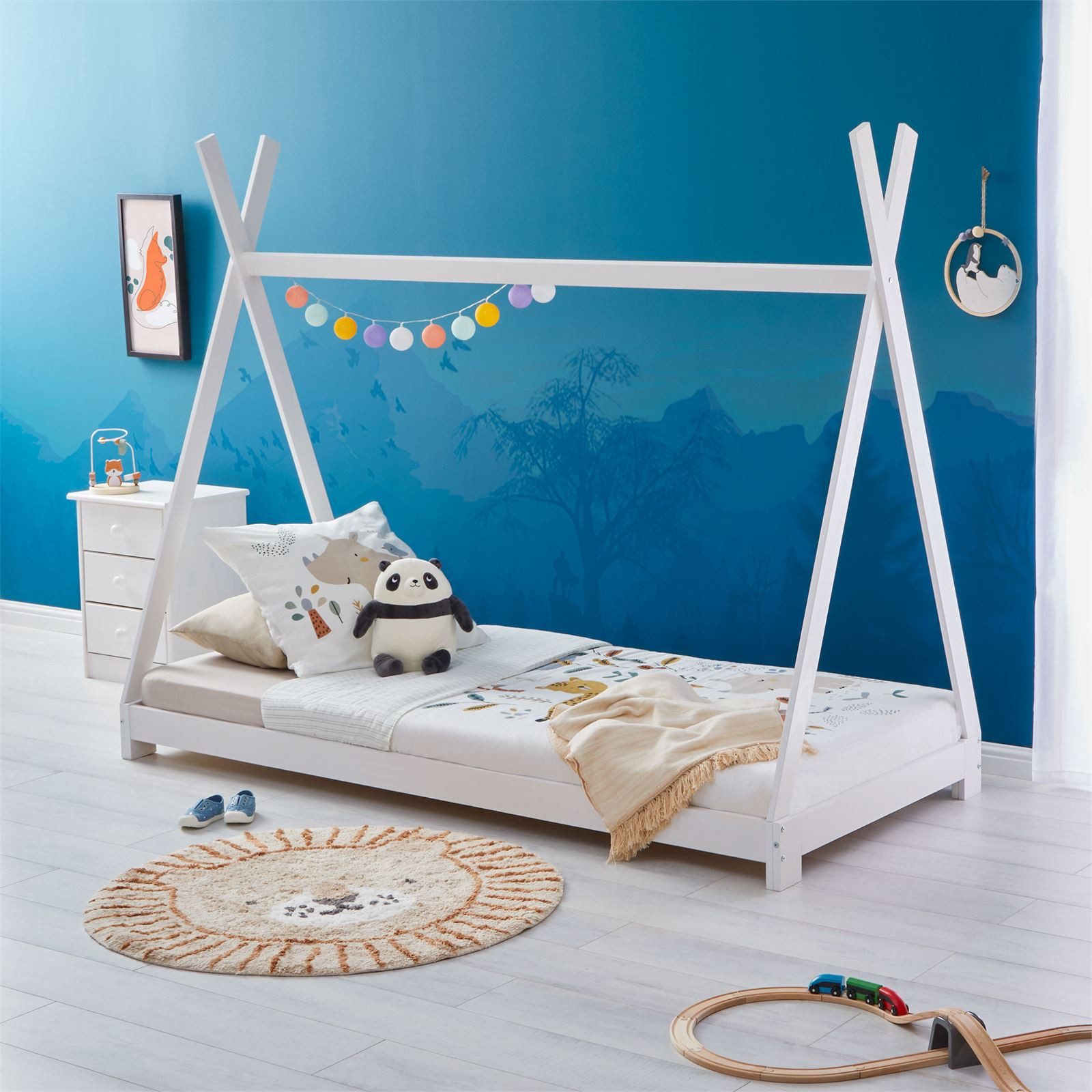 IDIMEX Kinderbett ELIN, Tipibett Hausbett Spielbett Zeltbett Zelt Tipi Bett mit Dach aus Kiefe