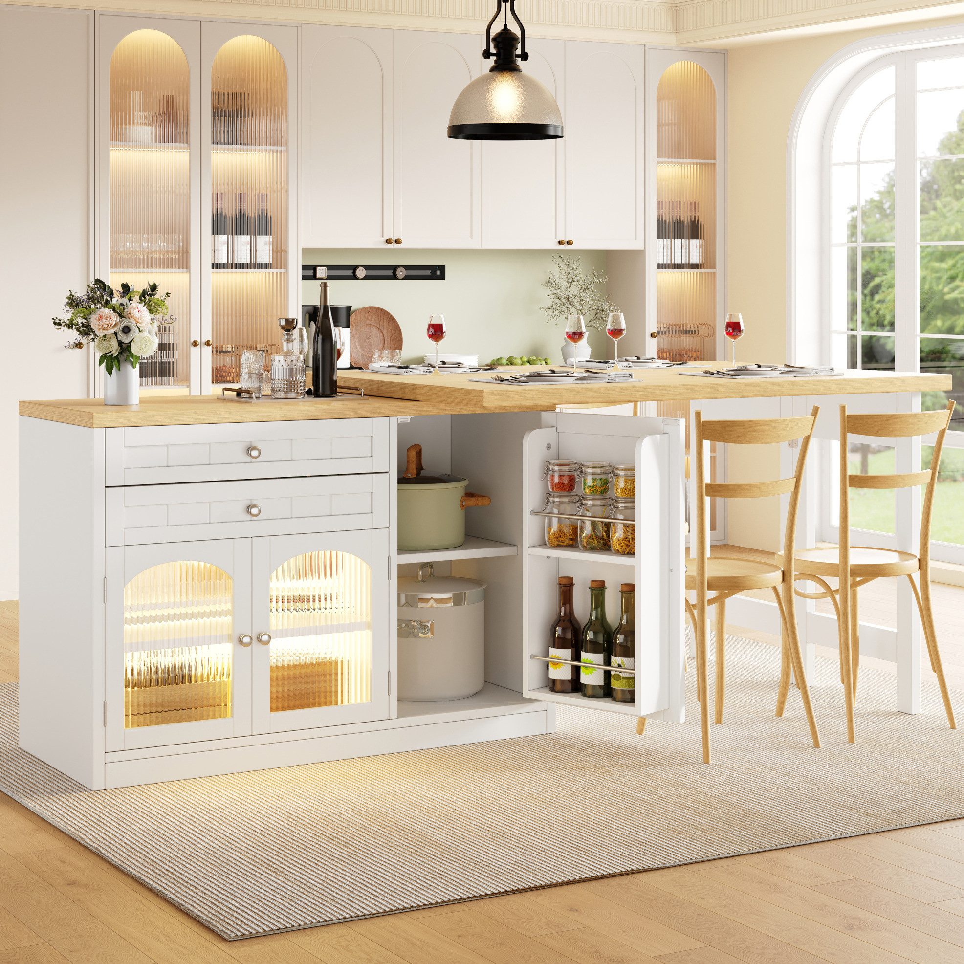 MODFU Kücheninsel Ausziehbarer Esstisch, (120–194 cm mit 360° drehbarer Tischplatte, Glastüren, Schubladen und Snackregalen)