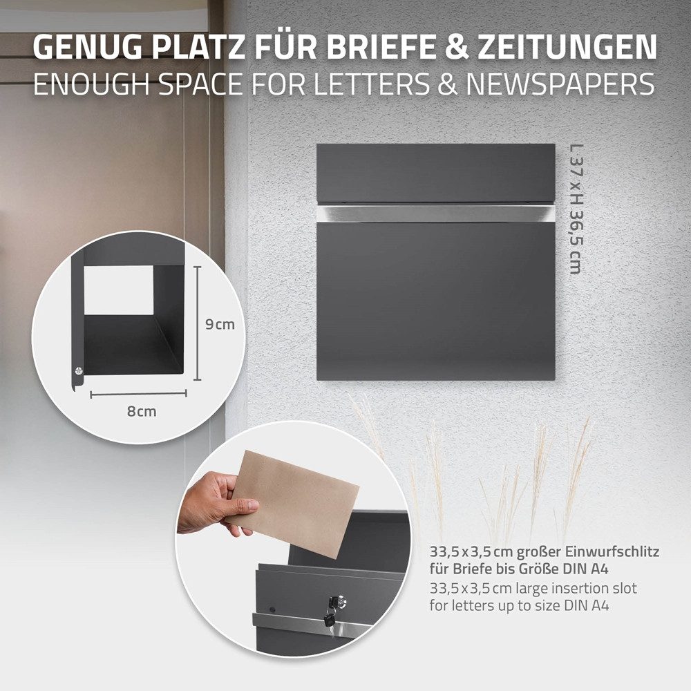 ML-DESIGN Briefkasten Wandbriefkasten Postkasten Design Briefkastenanlage Postbox, Standbriefkasten mit Zeitungsfach inkl. 2 Schlüssel Stahl – Bild 4 von 5