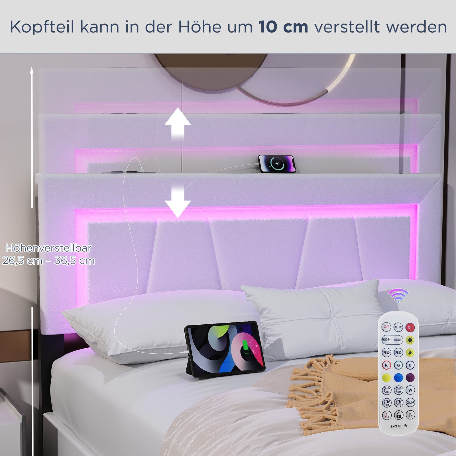 oyajia Polsterbett LED Doppelbett 160x200 cm, mit 4 Schubladen und Lattenrost (Kopfteil mit stauraum und USB-Ladefunktion, Polsterbett mit Metall Bettgestell, PU-Leder), Funktionsbett Stauraumbetten Jugendbett Bettgestell Leises Design Bett