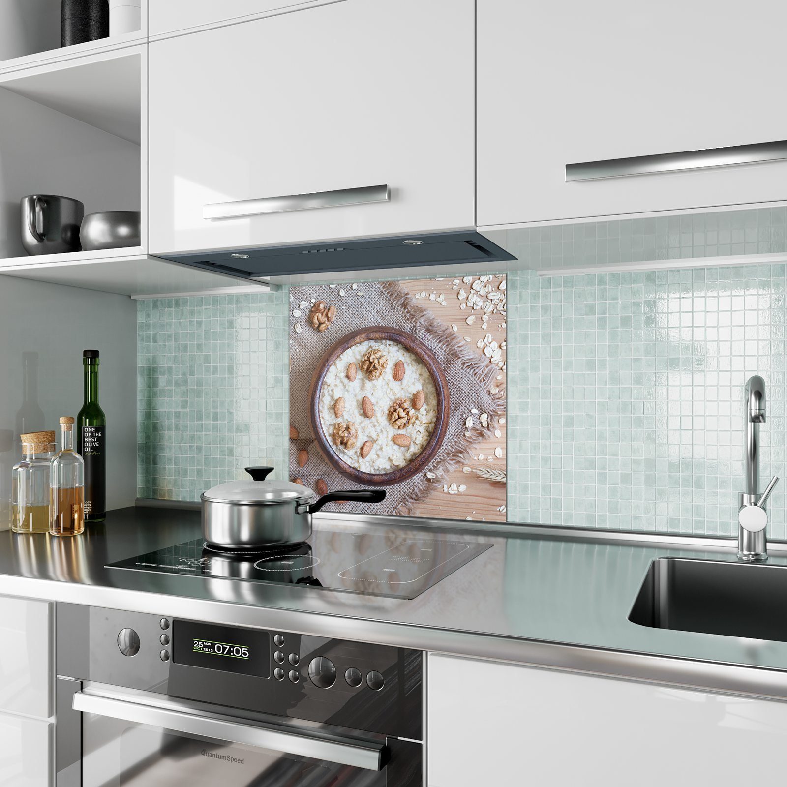 Küchenrückwand mit in Motiv Küchenrückwand Glas Primedeco Haferbrei Holzschale Spritzschutz