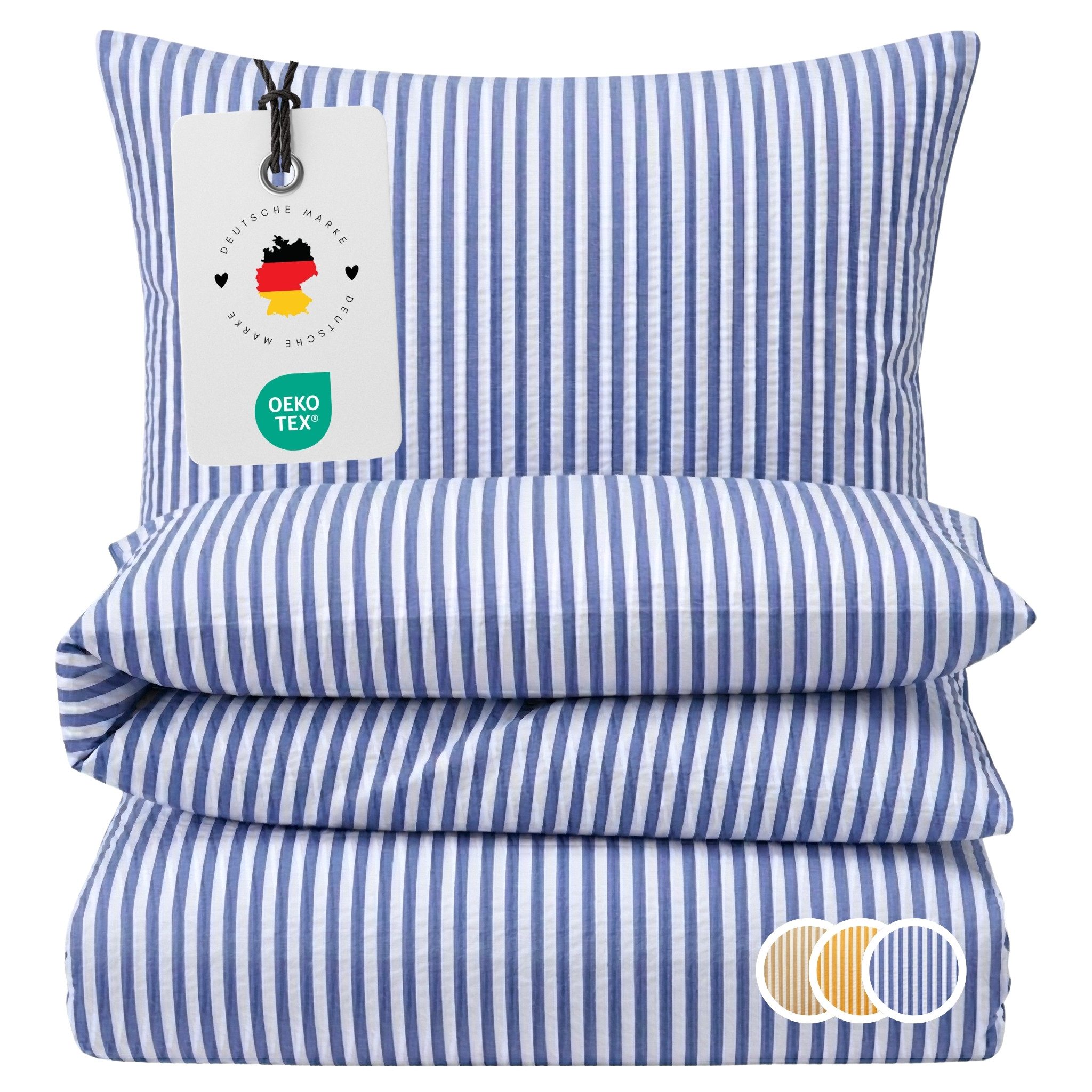 Carpe Sonno Bettwäsche Seersucker 135 x 200 155 x 220 Streifen Bügelfrei Sommer Baumwolle, Seersucker, 2 teilig, Bettbezug kühlend mit Reißverschluss & OEKO-TEX Blau Weiß 135x200