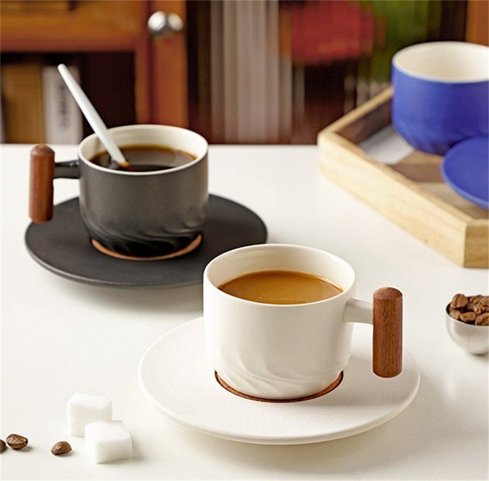 Set, mit Tassen Schwarz Kaffeeservice Keramik (1-tlg) Kaffeebecher Unterteller, Holzgriff Dekorative Cappuccino